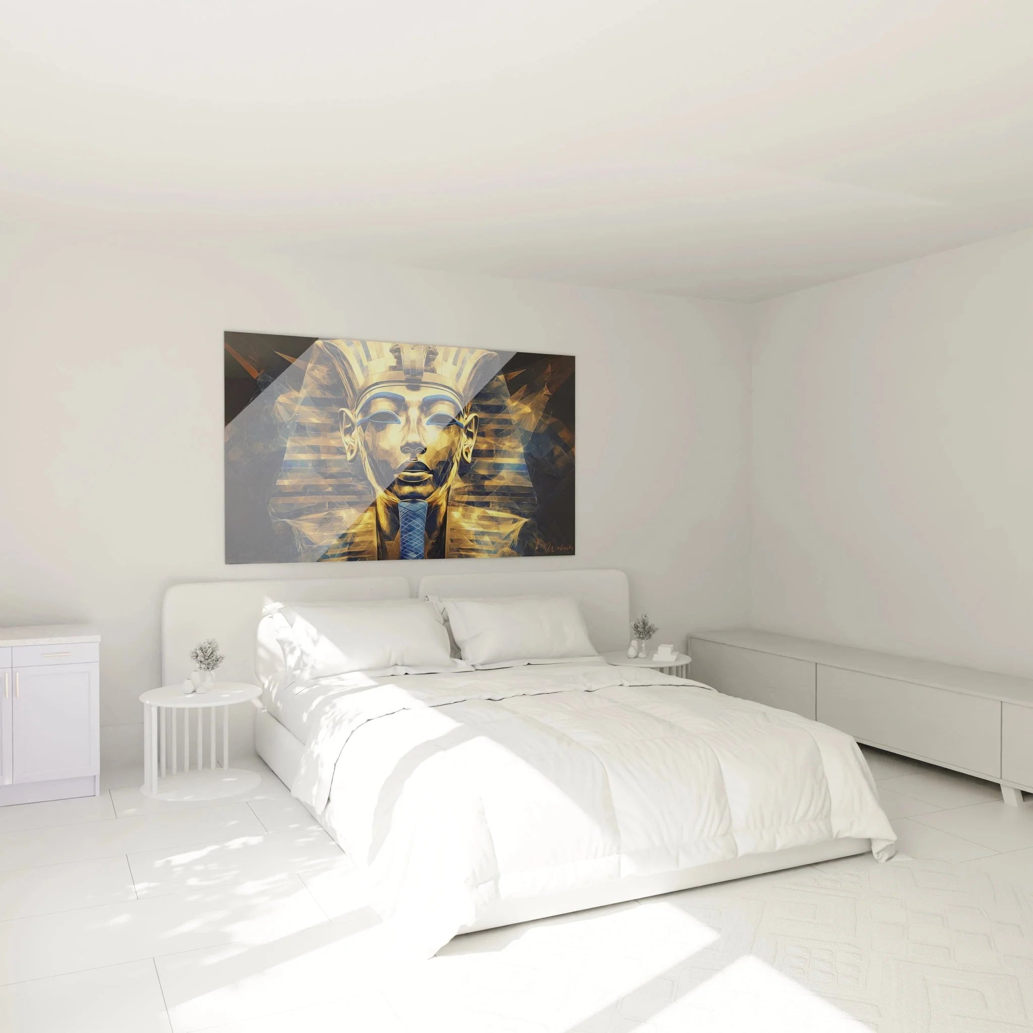 Ägypten Wandbild Tutanchamun in modernem Schlafzimmer - Pharao Goldmaske als elegante Wanddekoration