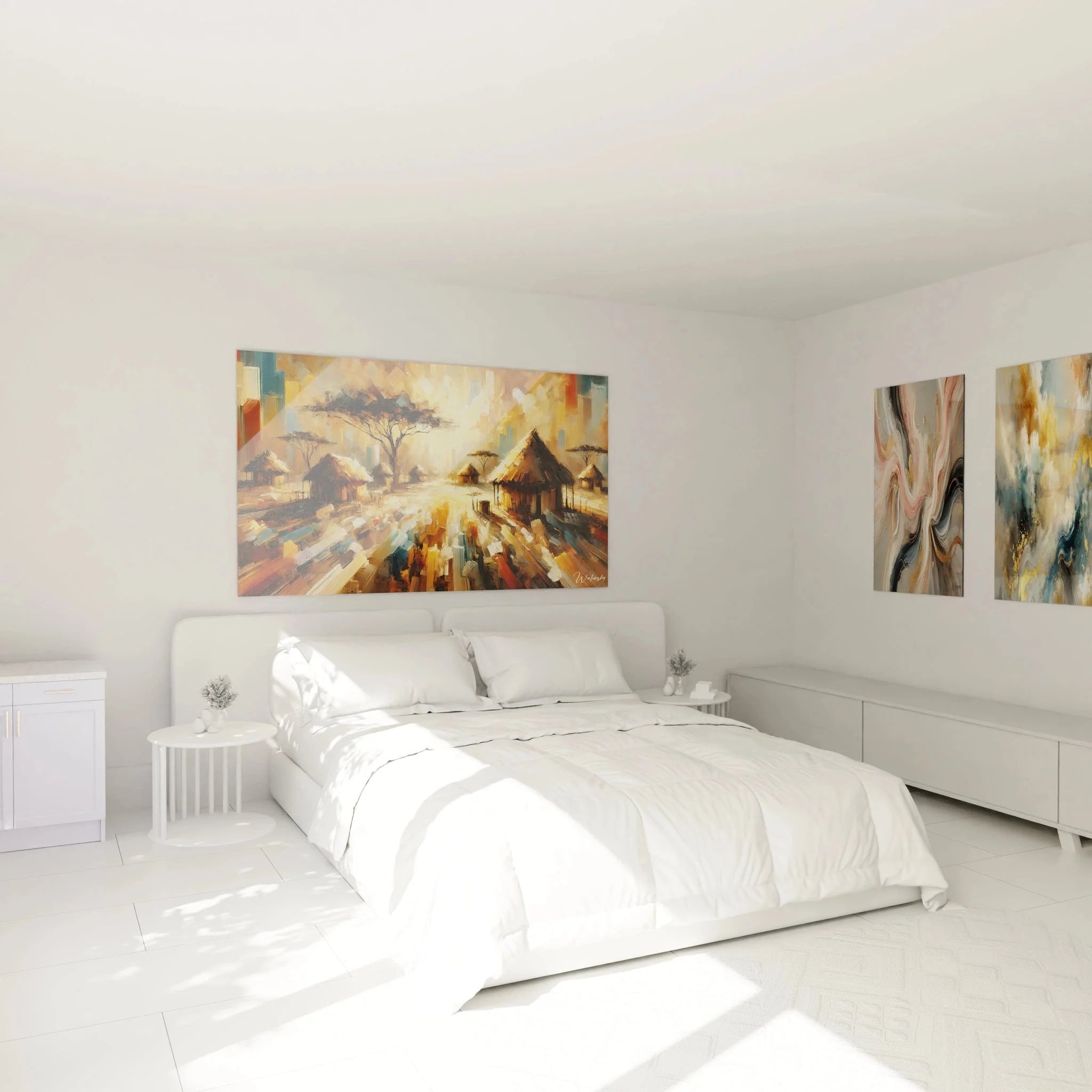 Afrika Wandbild mit Dorfmotiv in modernem Schlafzimmer als stilvolle Wanddekoration arrangiert