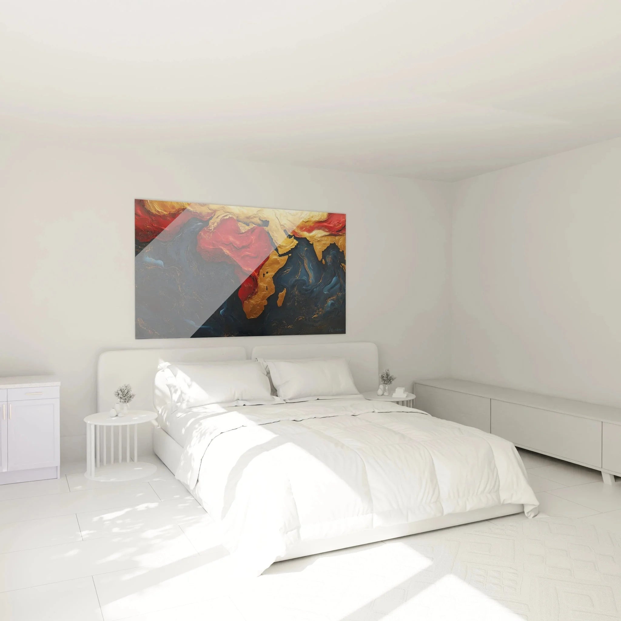 Afrika Wandbild abstrakt im Schlafzimmer als moderne Wanddekoration mit warmen Erdtönen