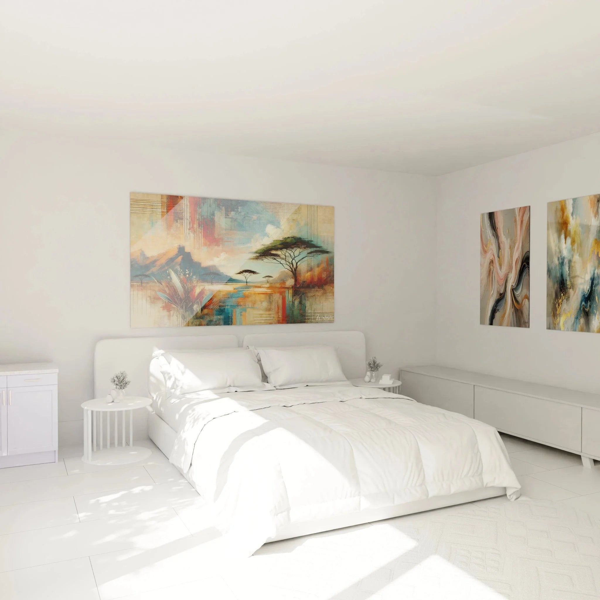 Afrika Wandbild XXL Savanne mit Akazienbäumen als Schlafzimmer Dekoration in abstraktem Stil