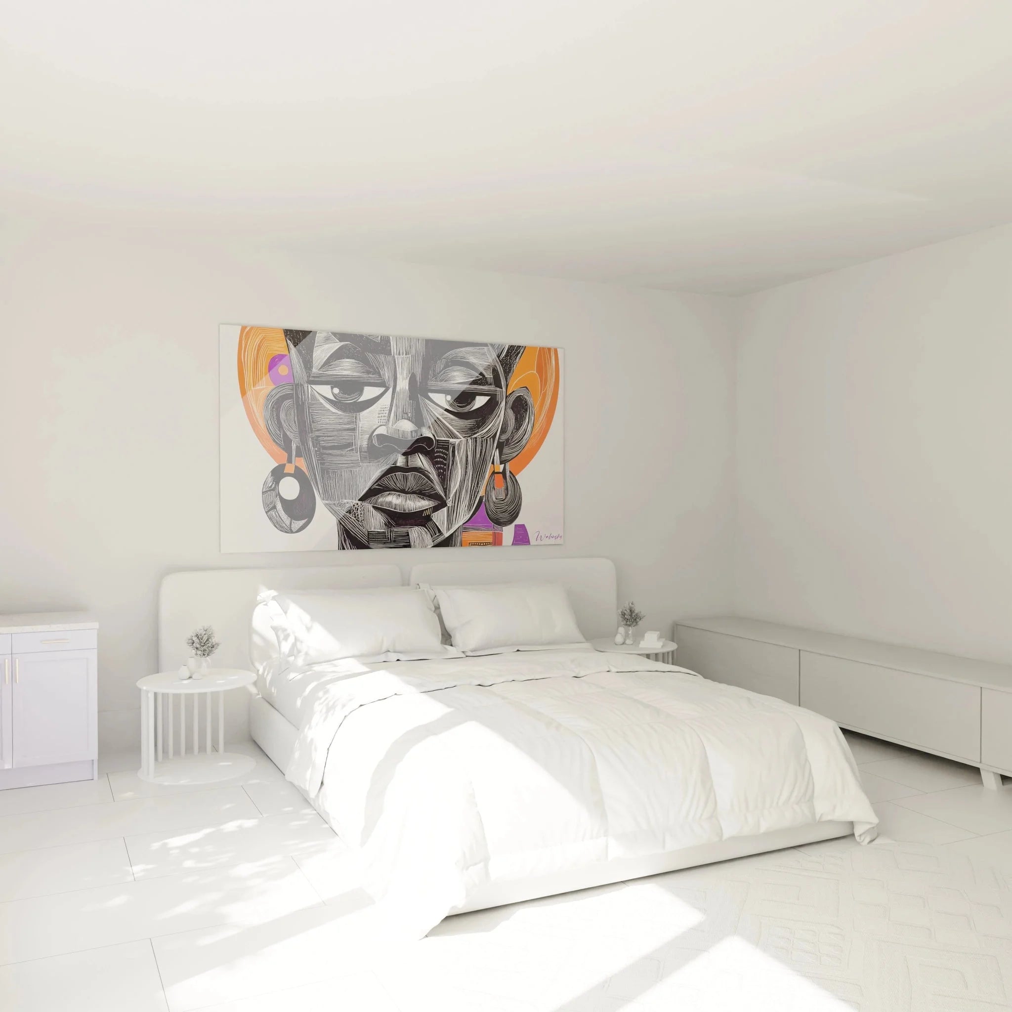 Abstrakte afrikanische Maske Wandbild in modernem Schlafzimmer Ambiente