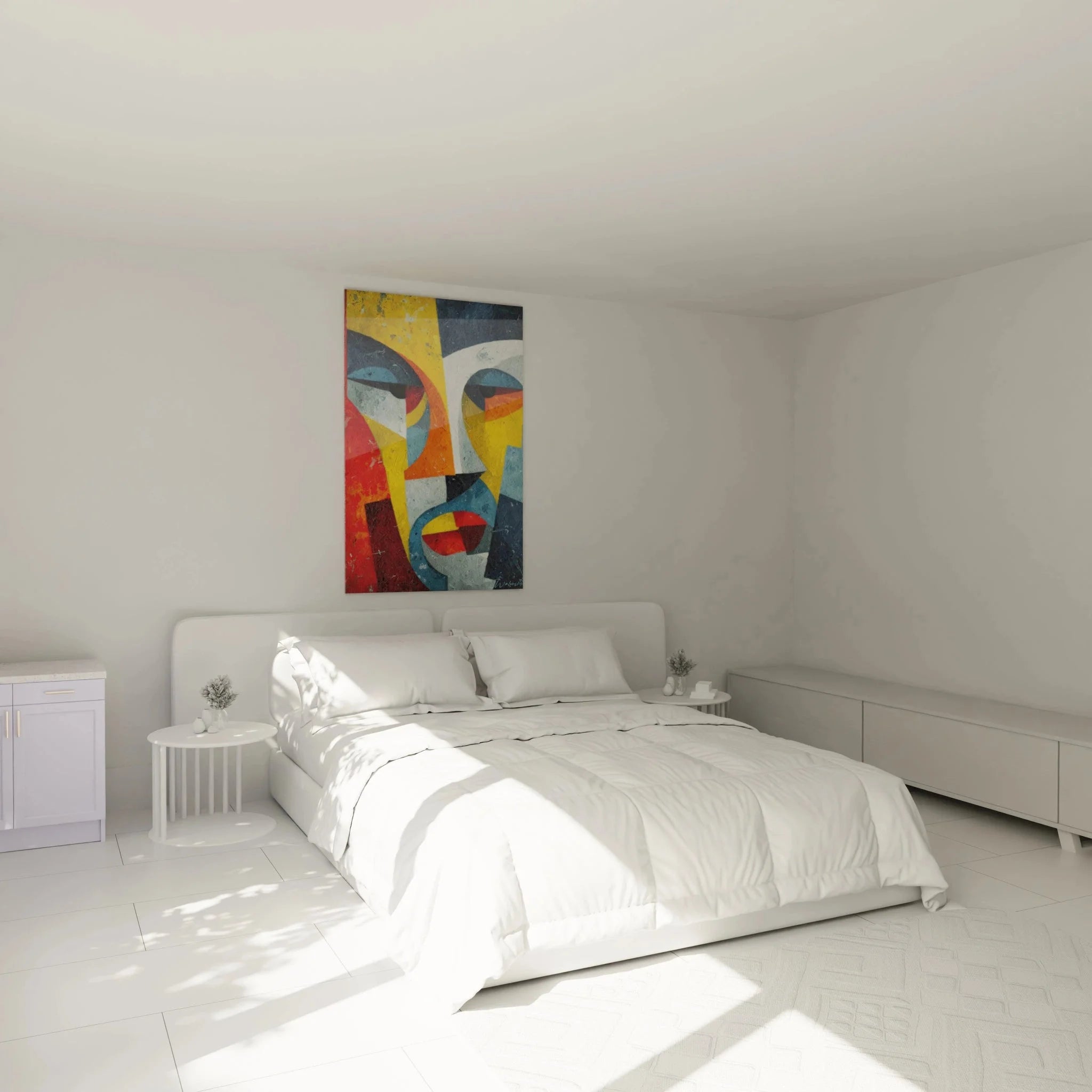 Moderne afrikanische Maske Wandbild in Schlafzimmer Ambiente mit geometrischer Farbkomposition