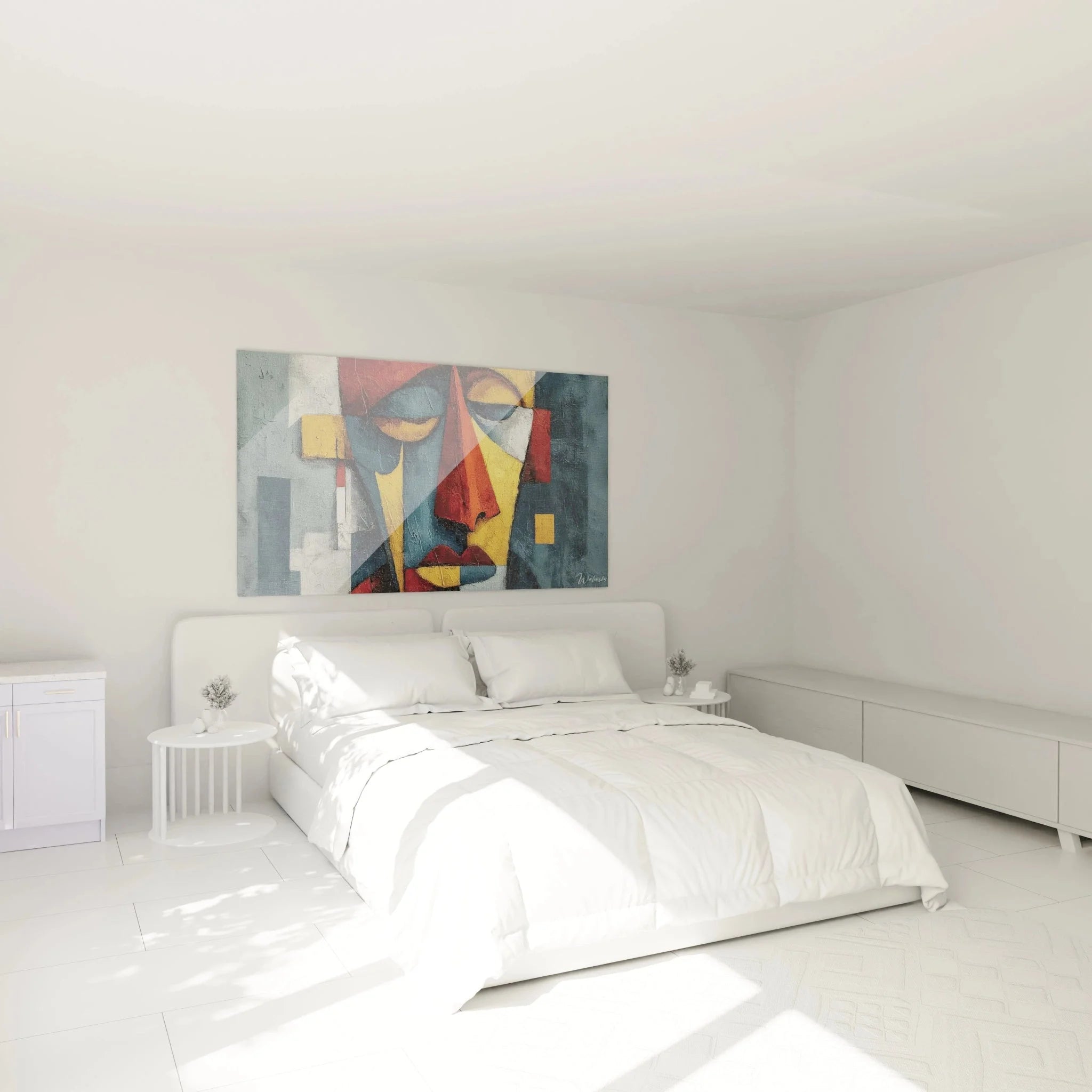 Abstrakte afrikanische Maske Wandbild in modernem Schlafzimmer mit geometrischen Mustern