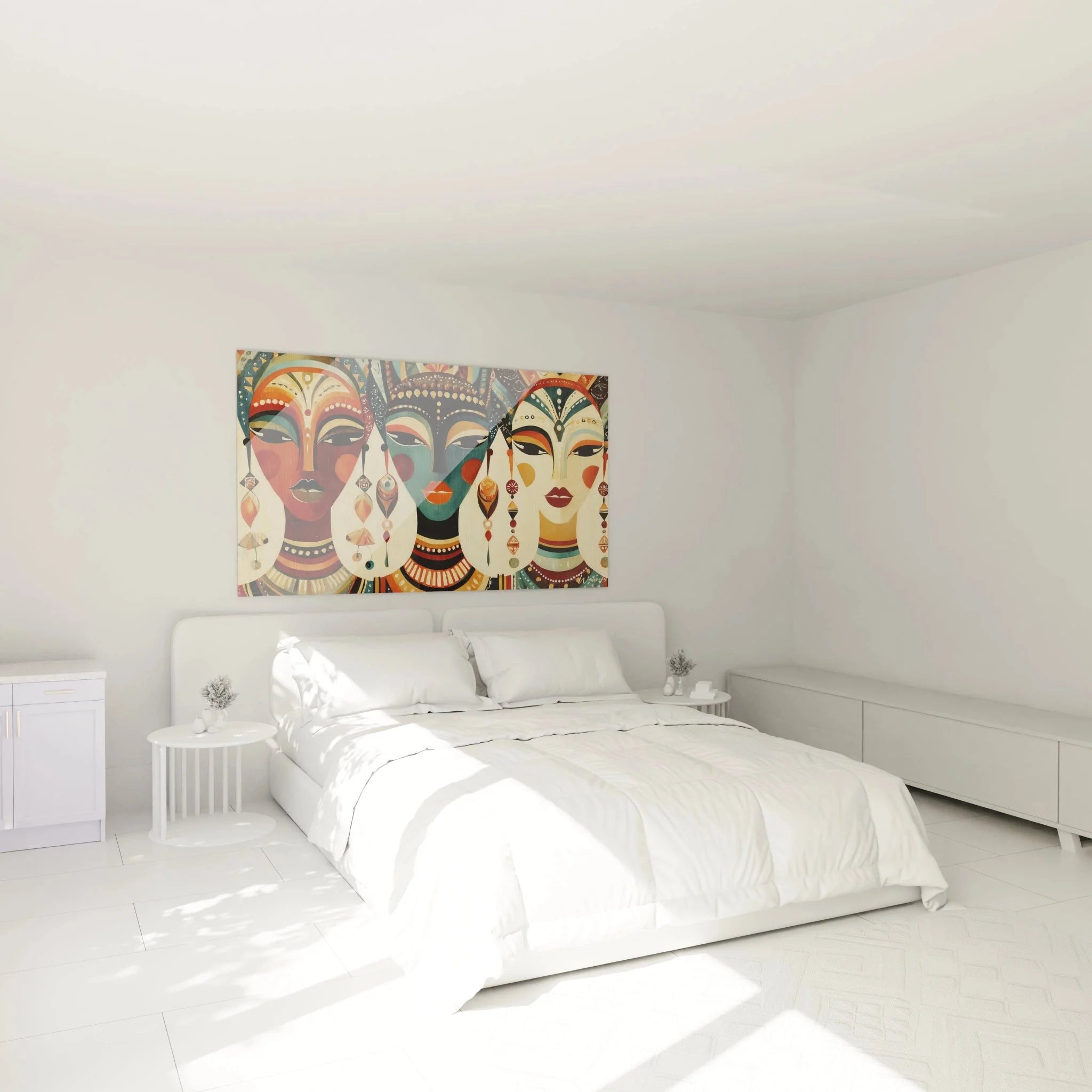 Afrikanische Masken Wandbild XXL als stilvolle Schlafzimmer Wanddekoration über dem Bett