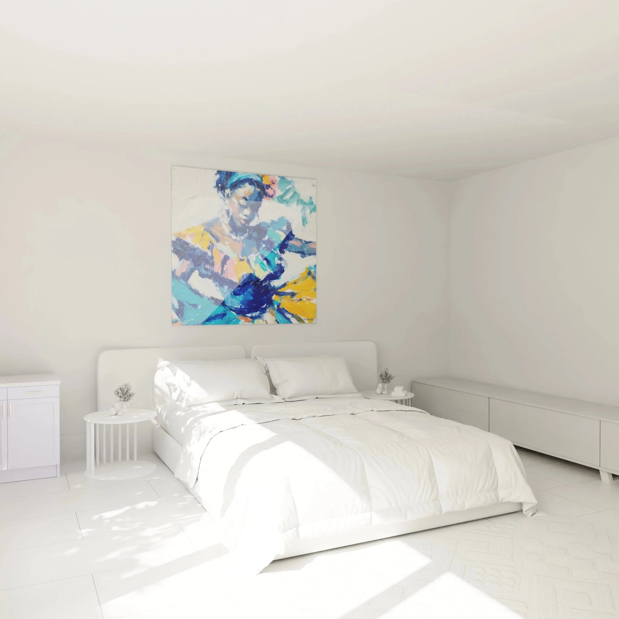 Afrikanisches Tanzwandbild in blau als Schlafzimmer Dekoration, moderne ethnische Kunst an der Wand