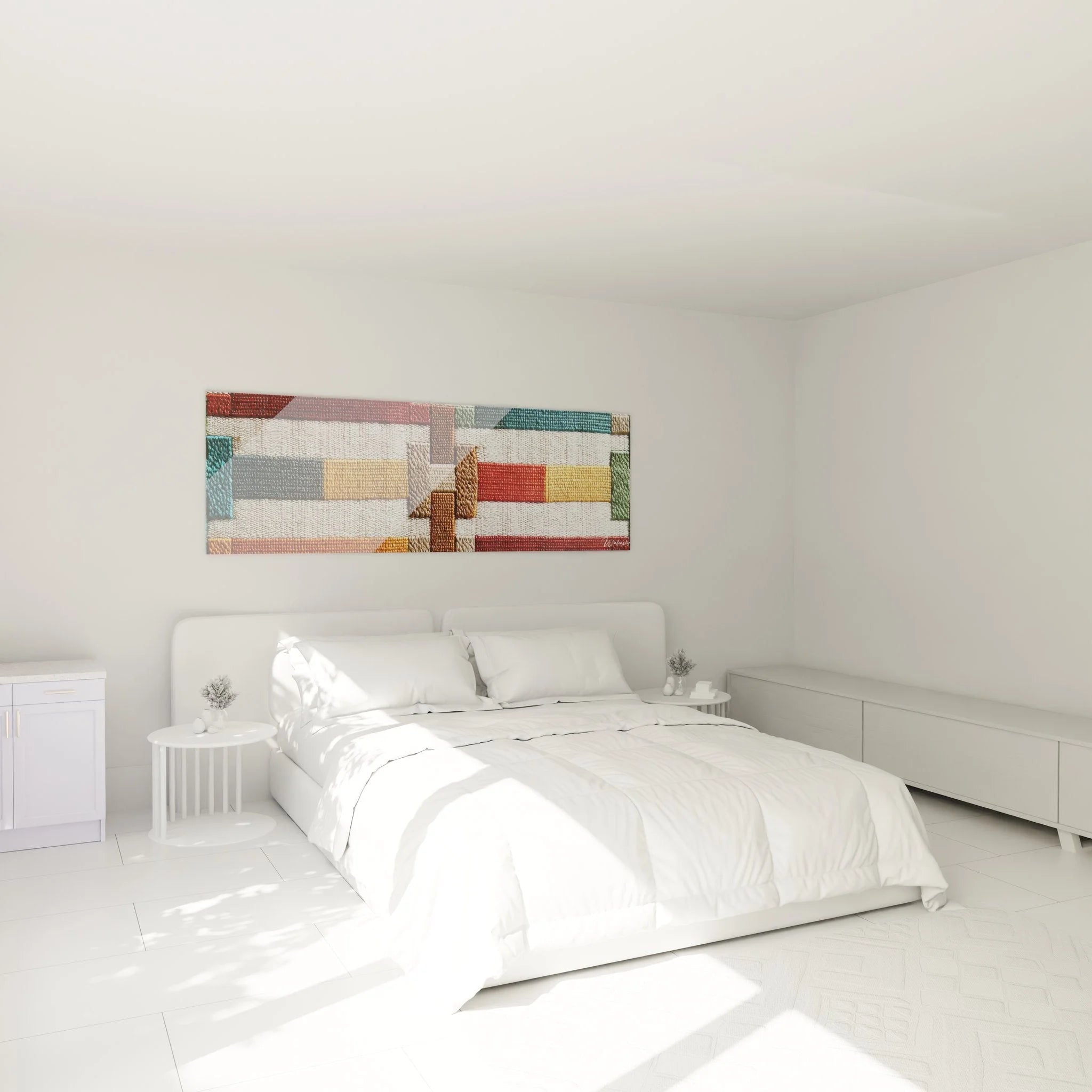 Geometrisches afrikanisches Wandbild in modernem Schlafzimmer als stilvolle Wanddekoration