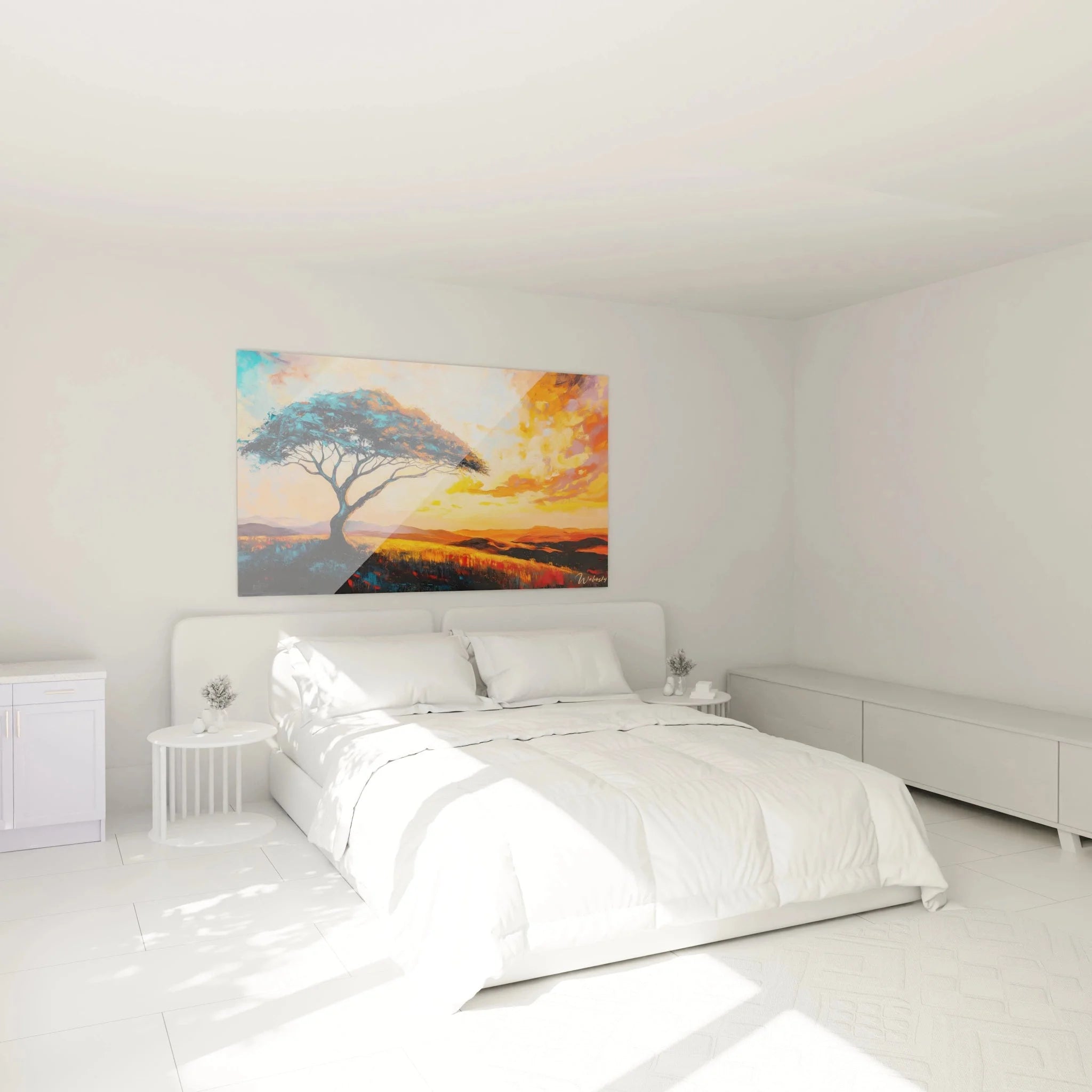 Akazie Savanne Wandbild im Schlafzimmer - Afrika Sonnenuntergang Dekoration für moderne Wohnräume