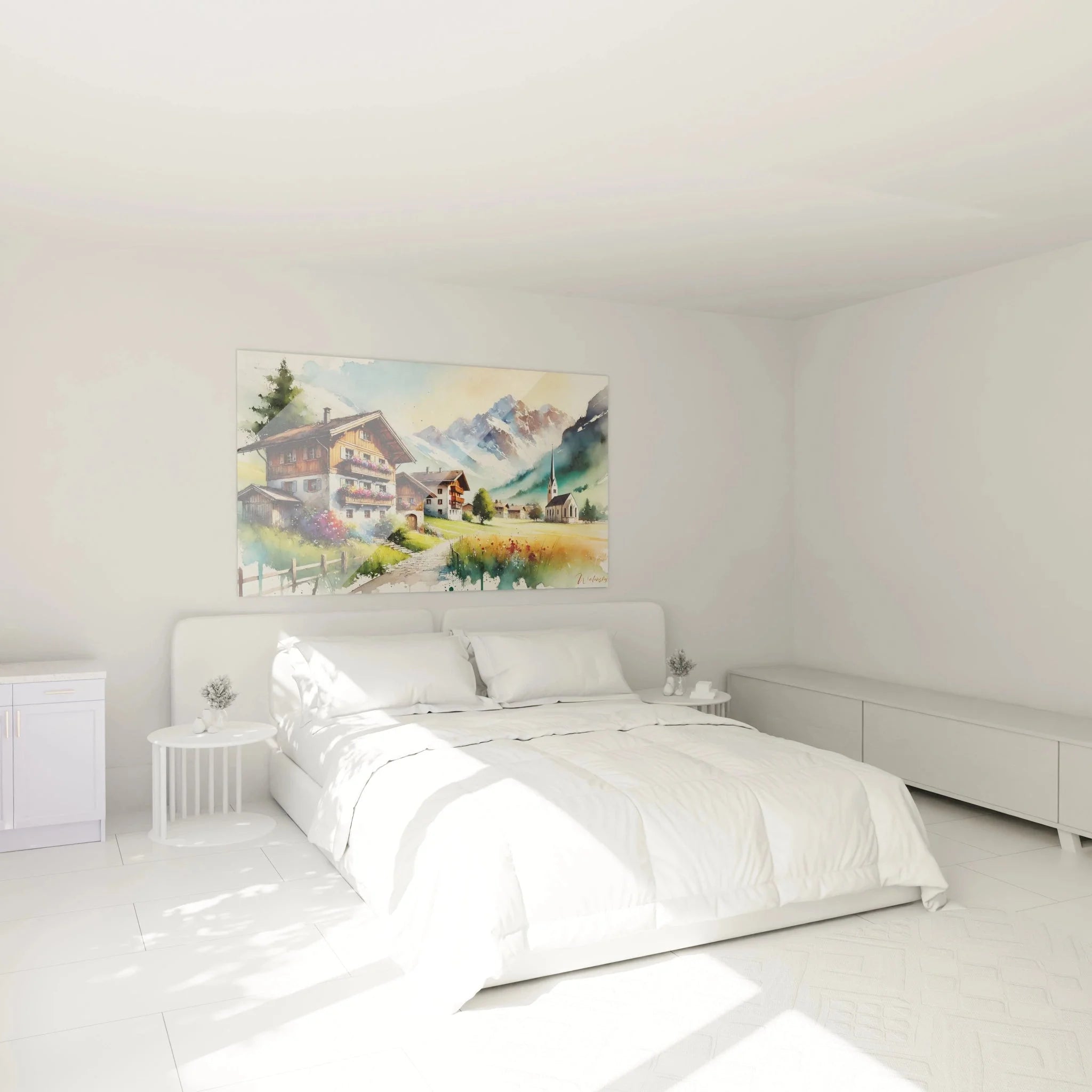 Alpen Wandbild im Schlafzimmer zeigt Bergdorf mit Holzchalets und majestätische Berggipfel Wanddekoration