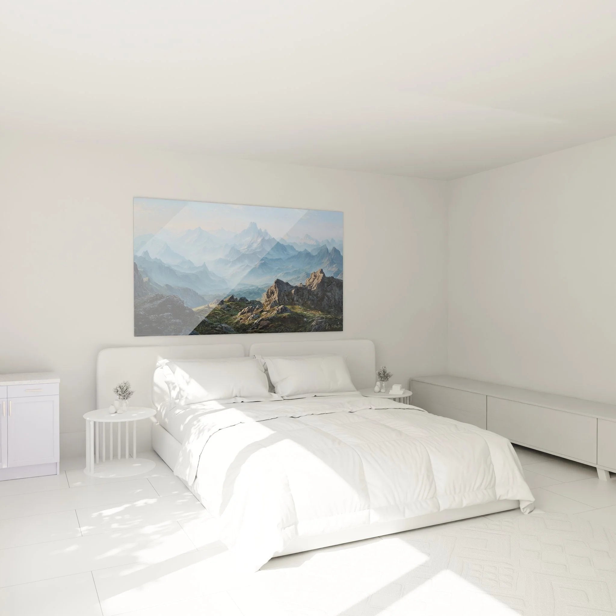 Alpenpanorama Wandbild im Schlafzimmer als stilvolle Berge Wanddekoration mit Gebirgslandschaft
