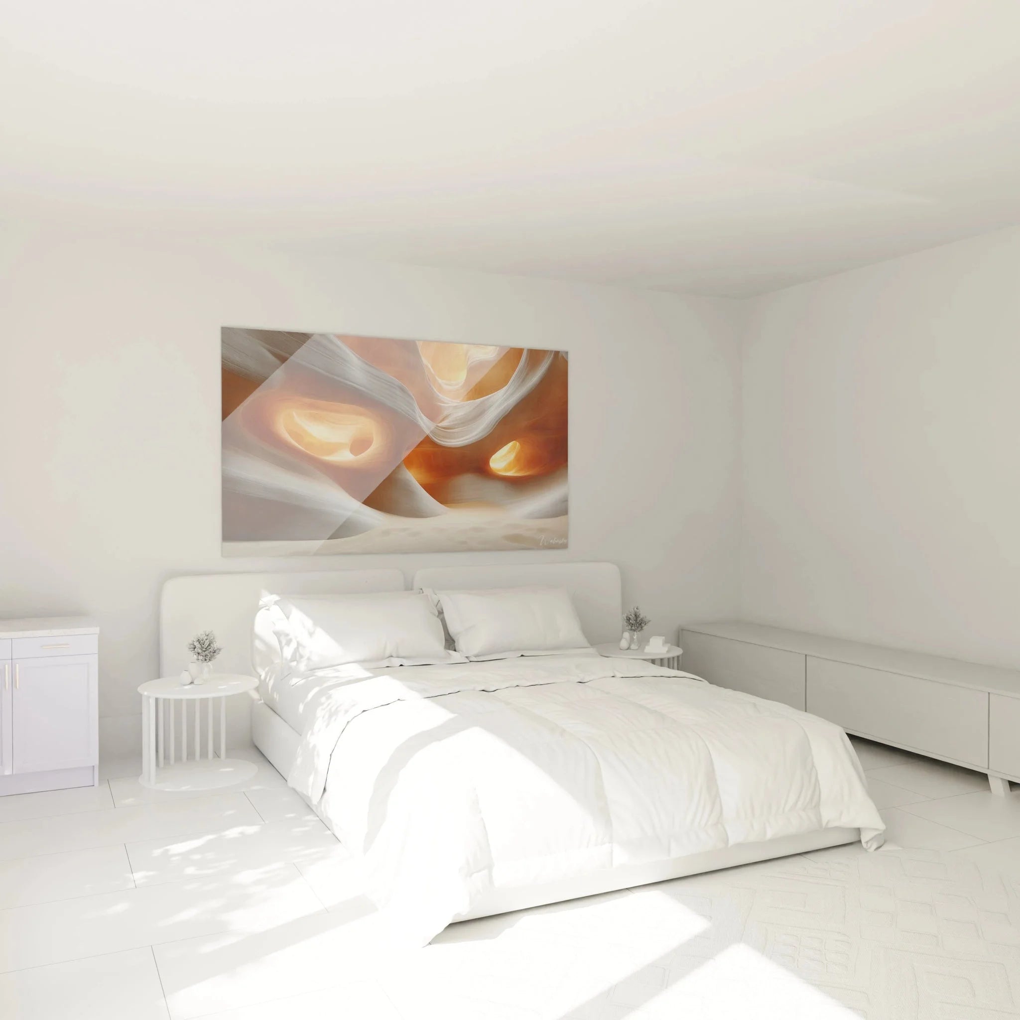 Antelope Canyon Wandbild in Schlafzimmer-Ambiente mit warmer Beleuchtung und moderner Einrichtung