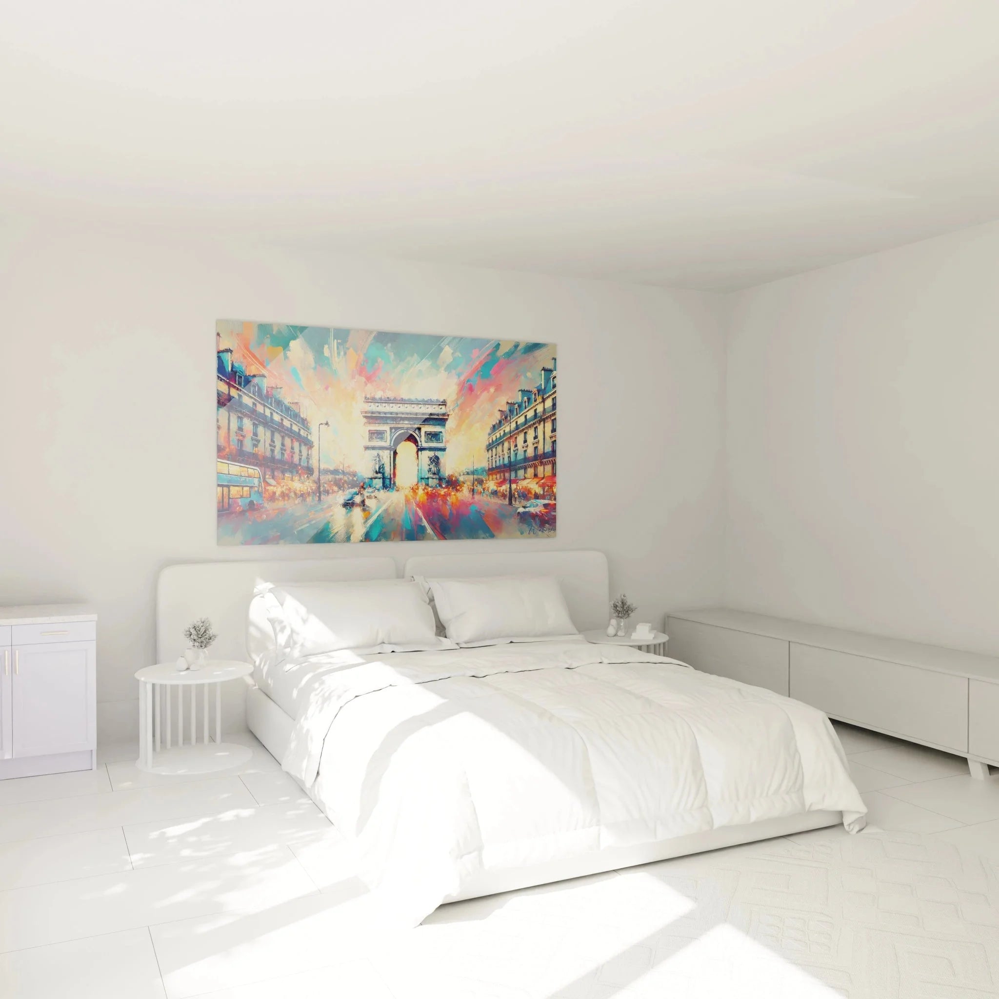 Arc de Triomphe Wandbild im Schlafzimmer als moderne Paris Dekoration mit leuchtenden Farben