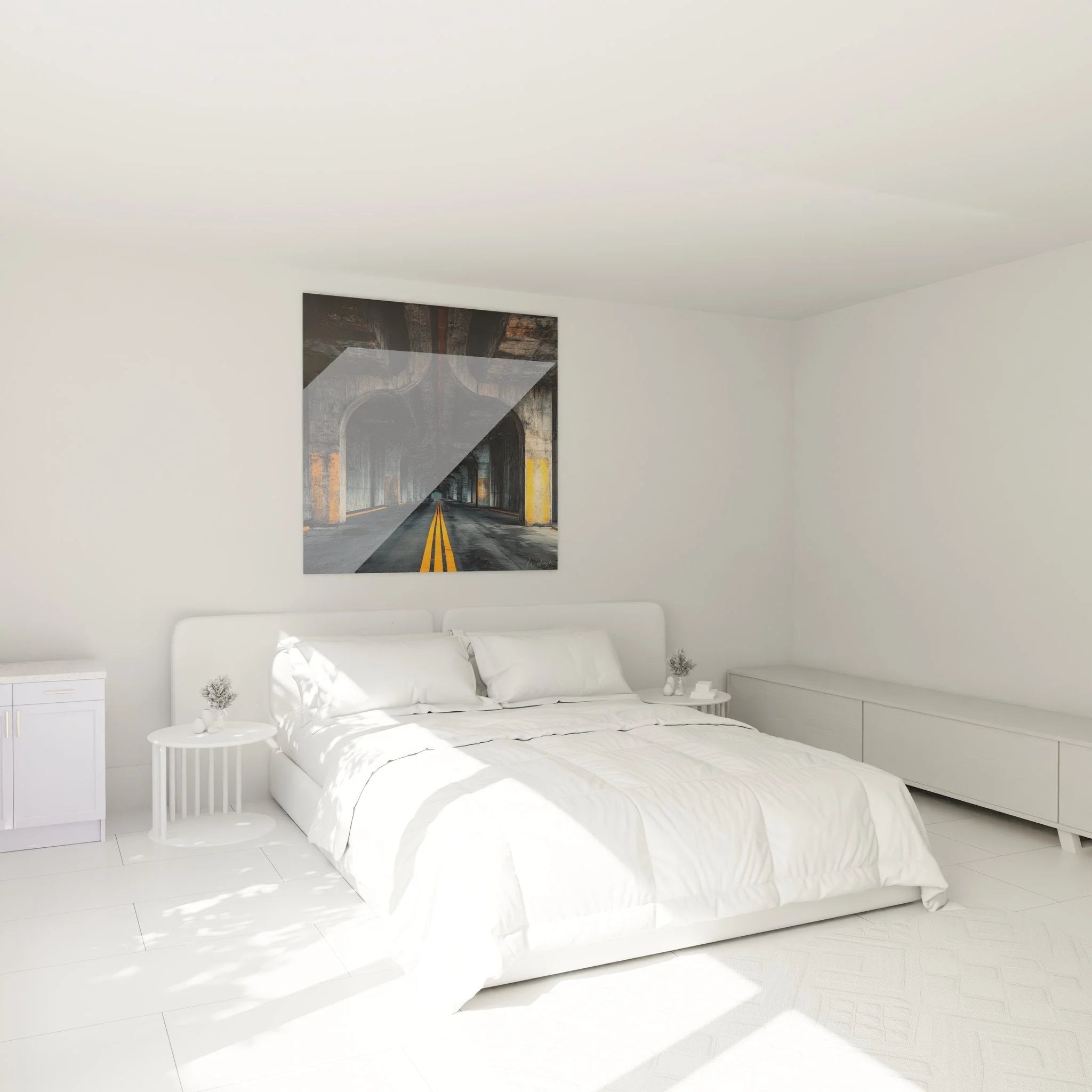Architektur Wandbild Tunnel in elegantem Schlafzimmer, moderne Brückenfotografie als Wanddeko