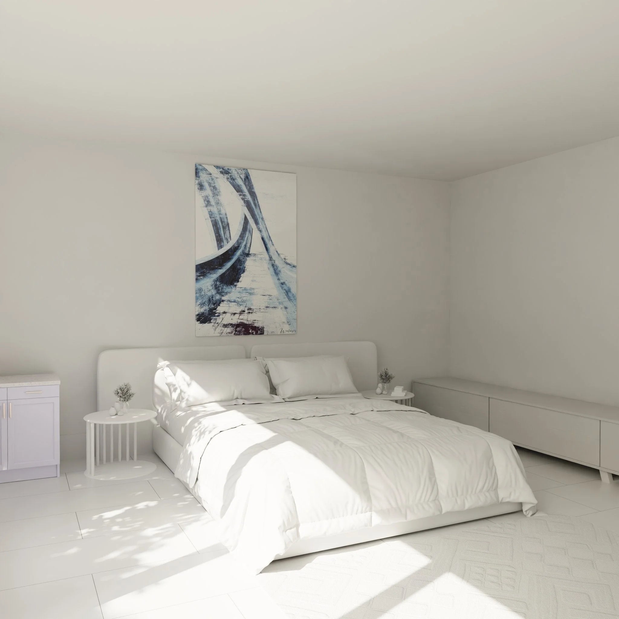 Abstrakte Architektur Wanddekoration im Schlafzimmer mit geometrischen blauen Strukturen