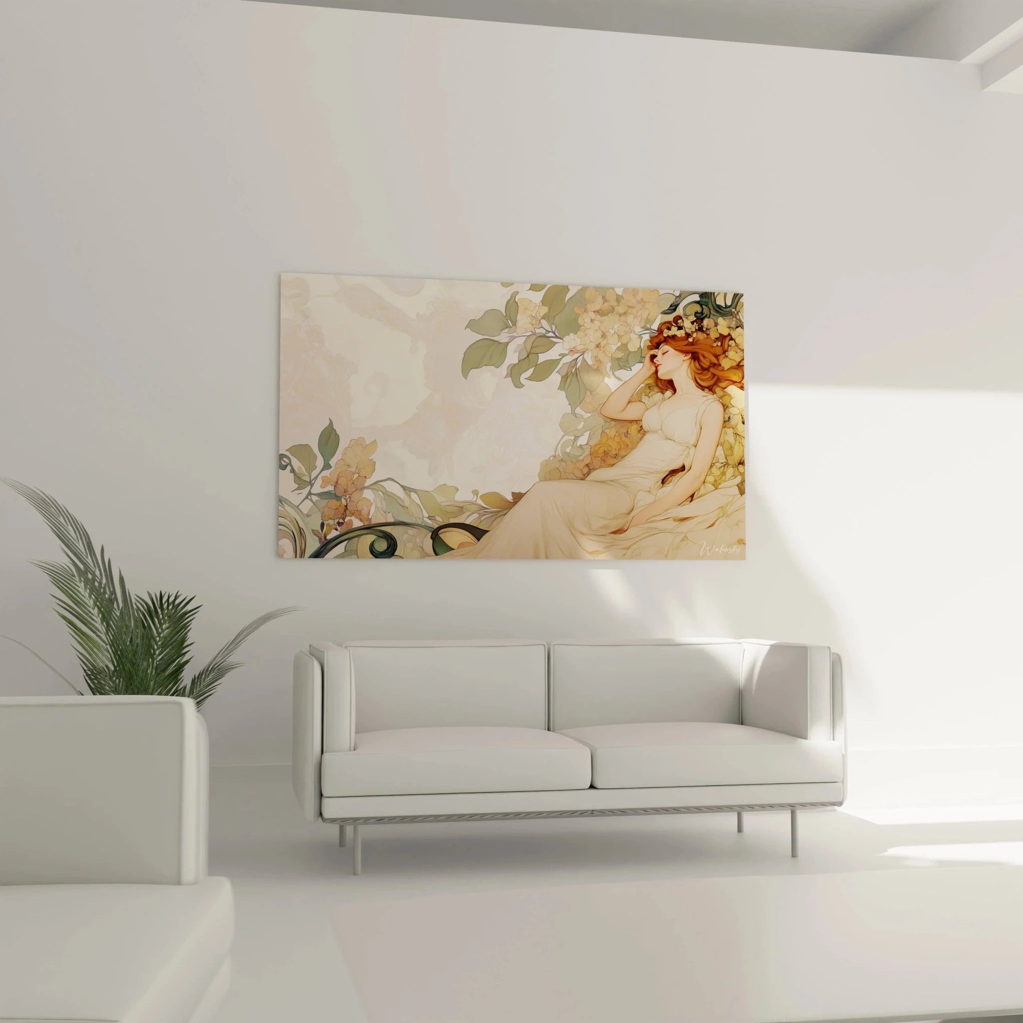 Detailansicht Jugendstil Wandkunst, kunstvolle Blumenmotive und weibliche Schönheit im Art Nouveau Design