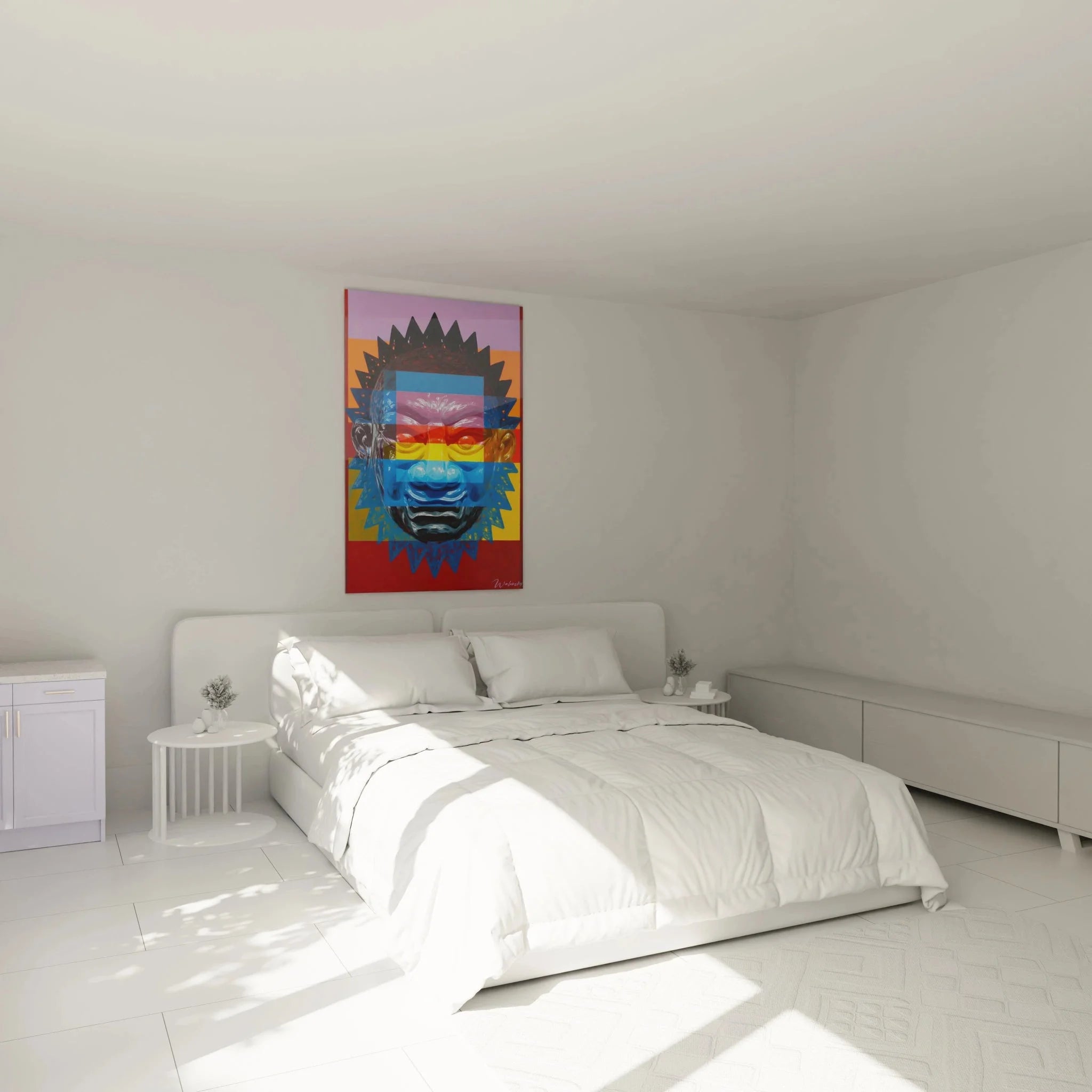 Aztekisches Löwen Wandbild in modernem Schlafzimmer an weißer Wand