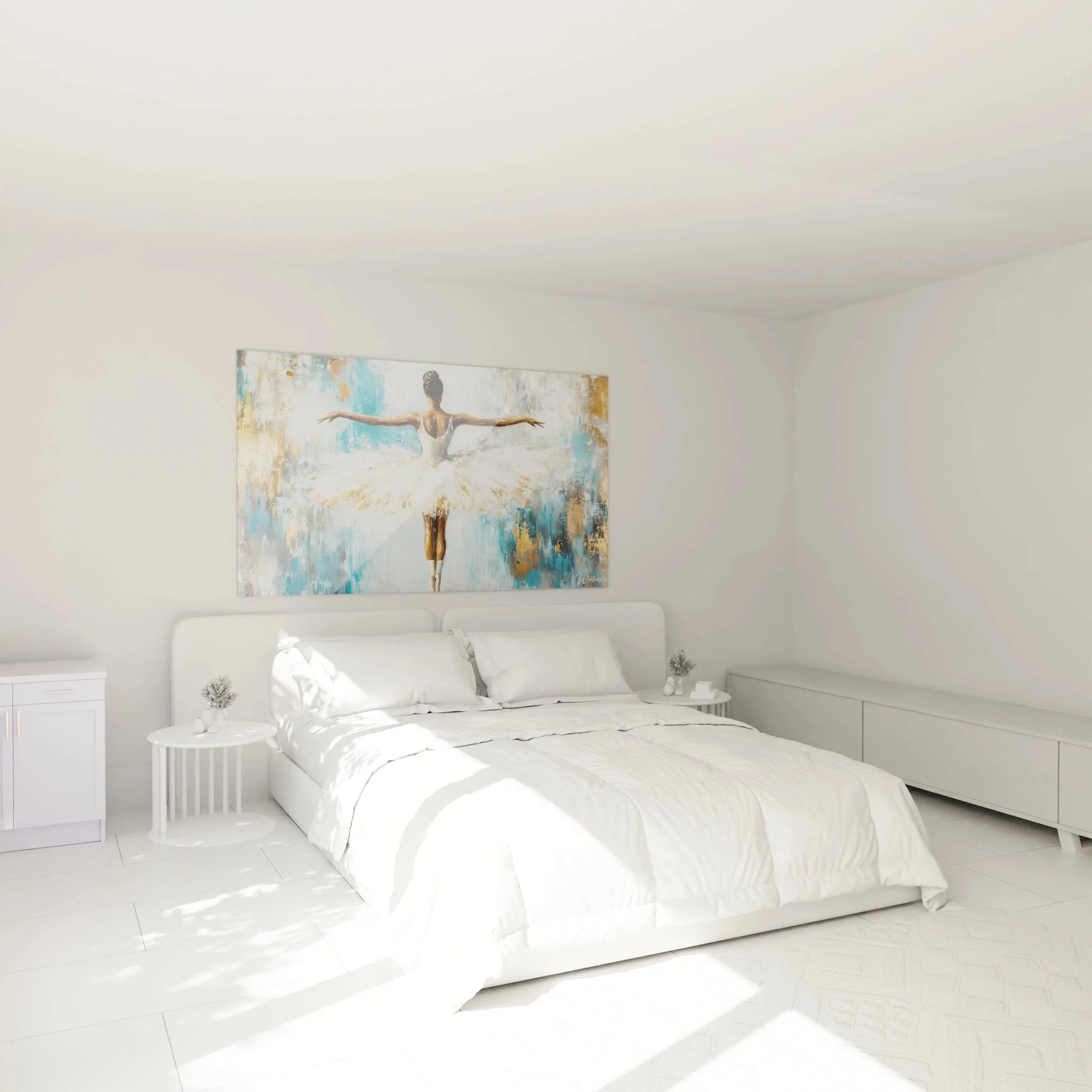 Elegantes Ballerina Wandbild in Schlafzimmer Ambiente, abstrakte Tänzerin Kunstdruck als Wanddekoration