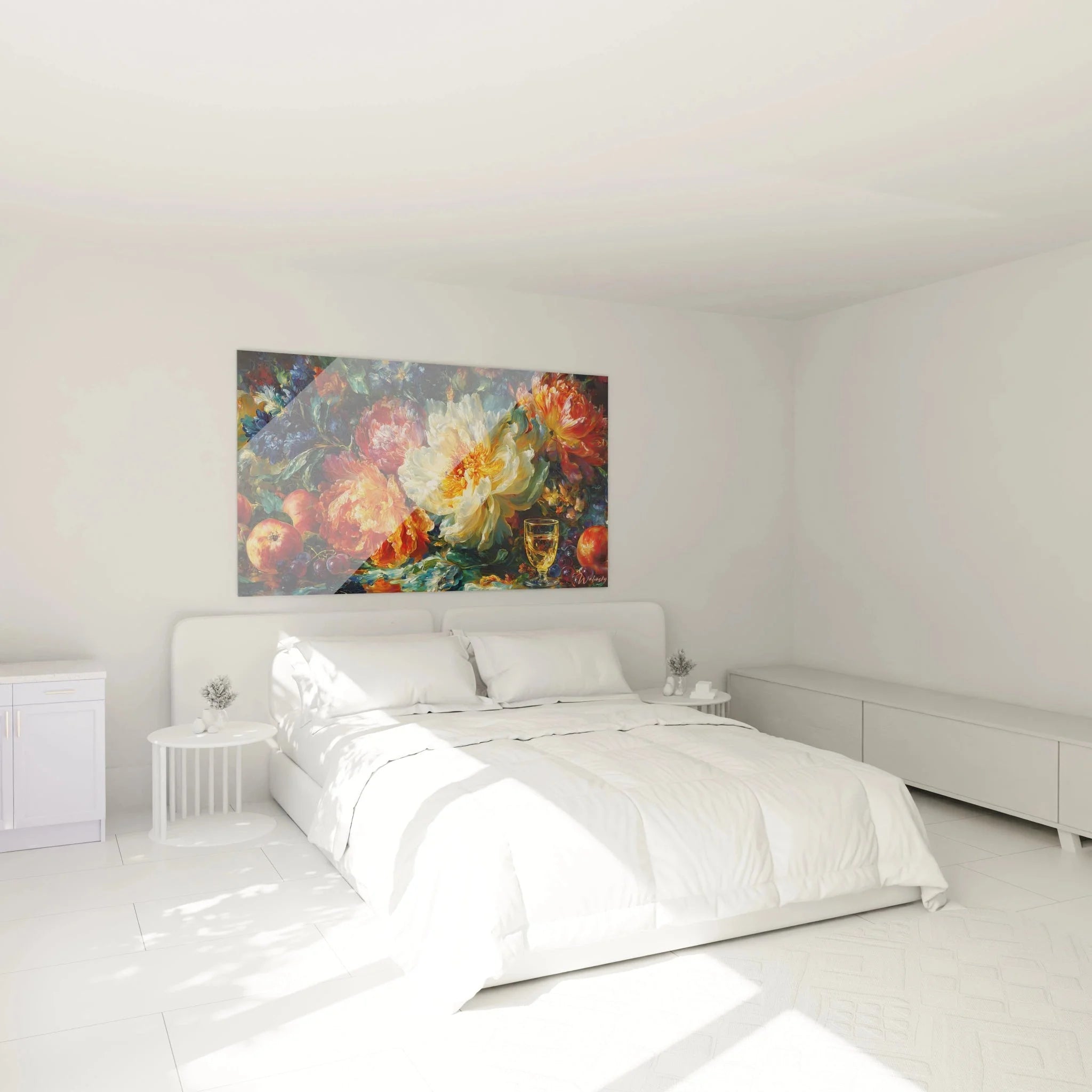 Barock Stillleben Wandbild im Schlafzimmer mit eleganten Blüten und Früchten