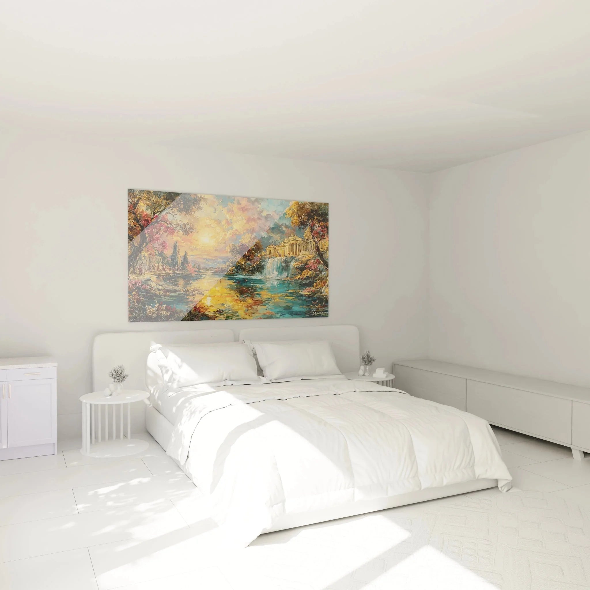 Barock Wandbild Tempellandschaft als elegante Schlafzimmer Dekoration mit warmen Herbstfarben