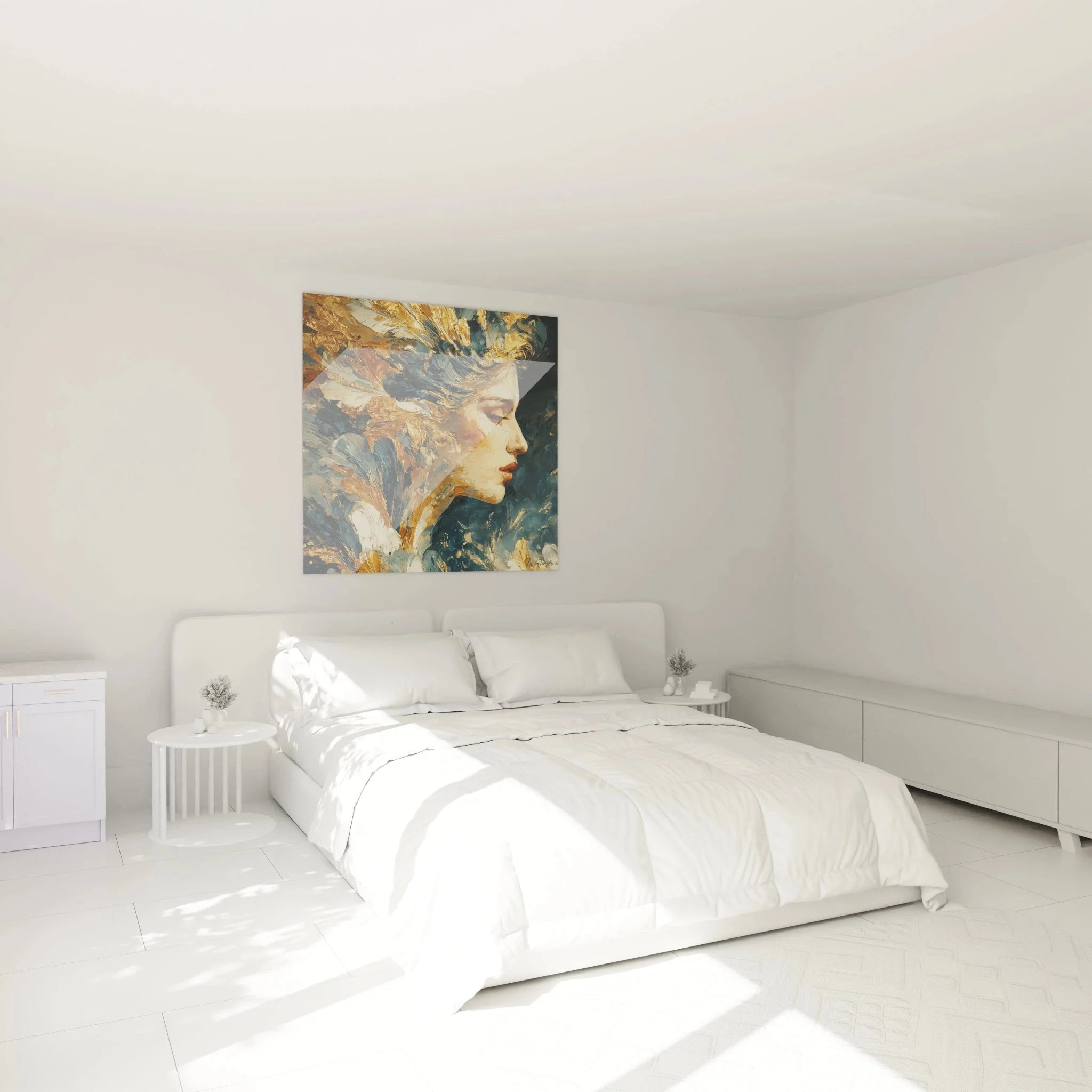 Barock Wandbild Frauenportrait in elegantem Schlafzimmer Ambiente mit goldener Wandkunst Dekoration