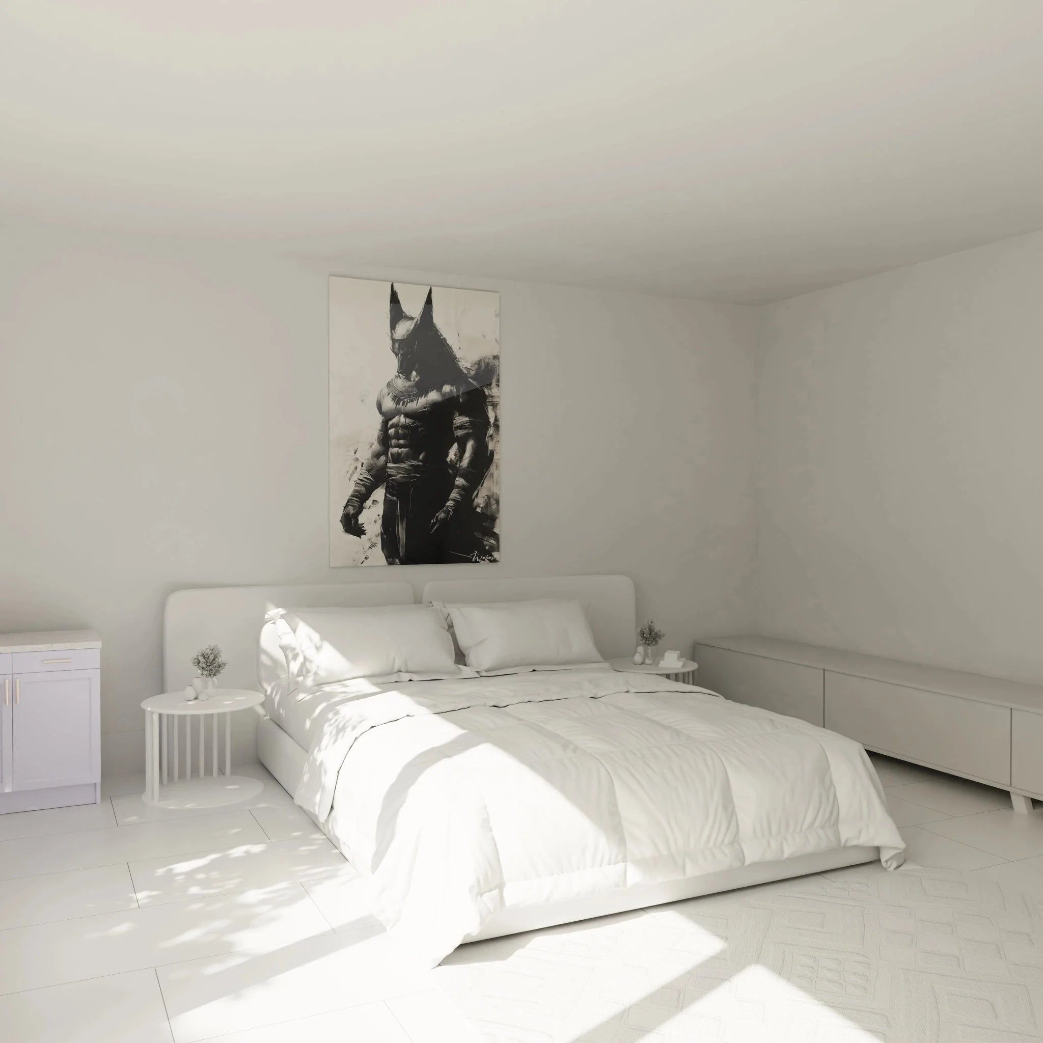 Batman Wandbild XXL in Schlafzimmer Ambiente, schwarz-weiß Superhelden Wanddeko als Raumgestaltung