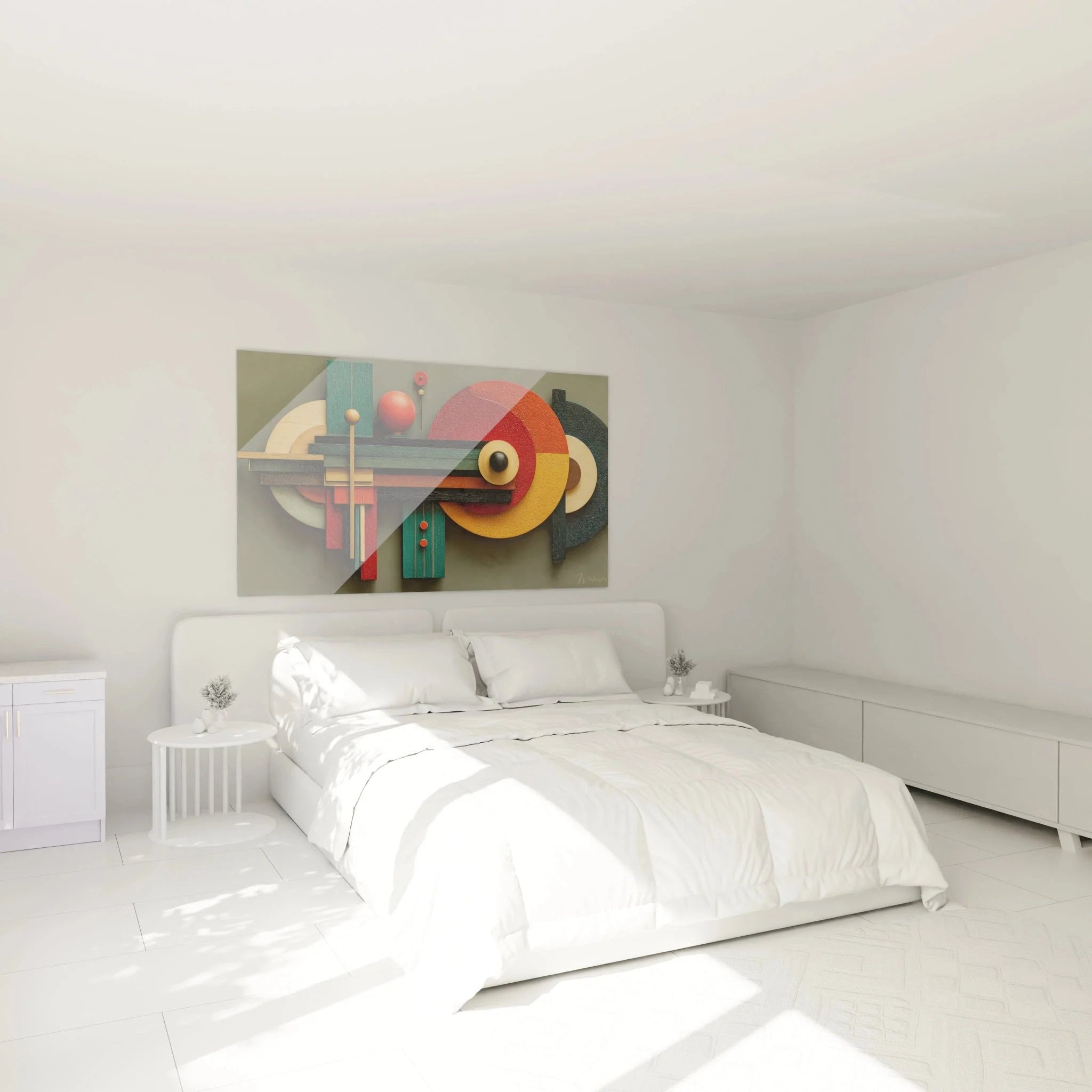 Geometrisches Bauhaus Wandbild in modernem Schlafzimmer über dem Bett als stilvolle Raumdekoration