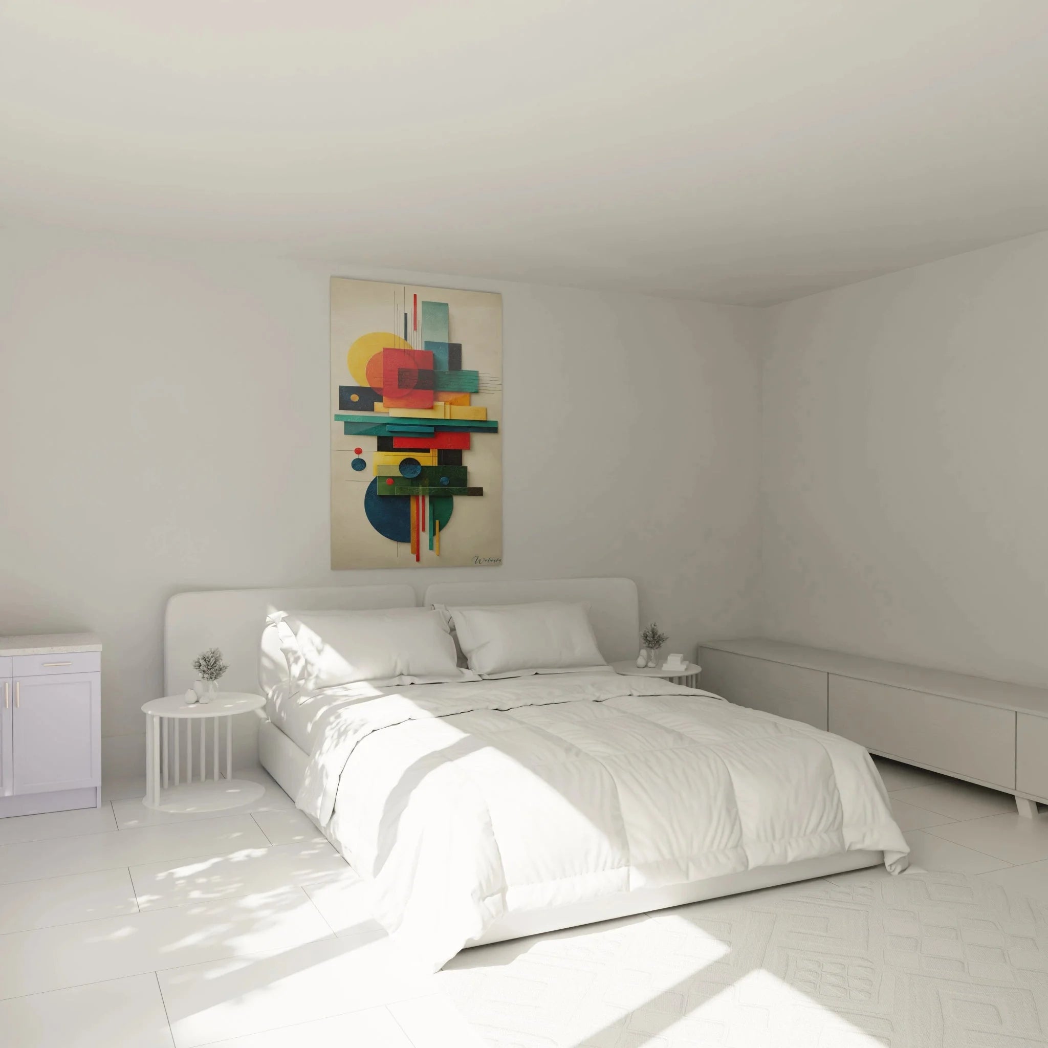 Bauhaus Wandbild geometrische Komposition in modernem Schlafzimmer als stilvolle Wanddekoration