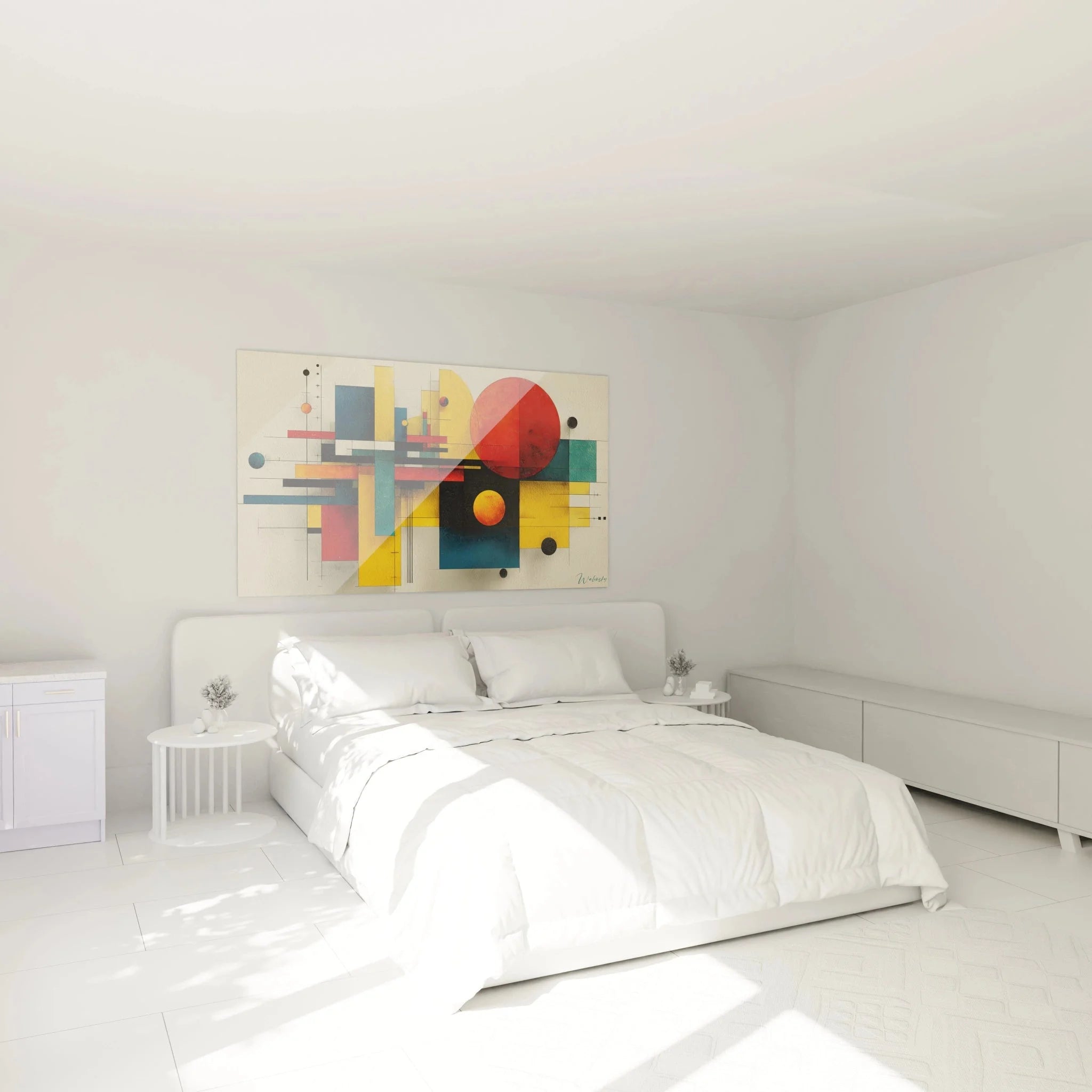 Bauhaus Wandbild mit geometrischen Formen als stilvolle Schlafzimmer Dekoration an der Wand