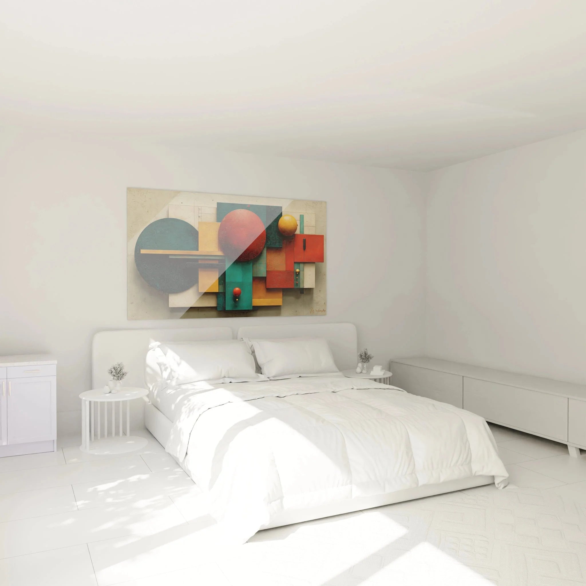 Bauhaus Wandbild geometrische Komposition in modernem Schlafzimmer an weißer Wand