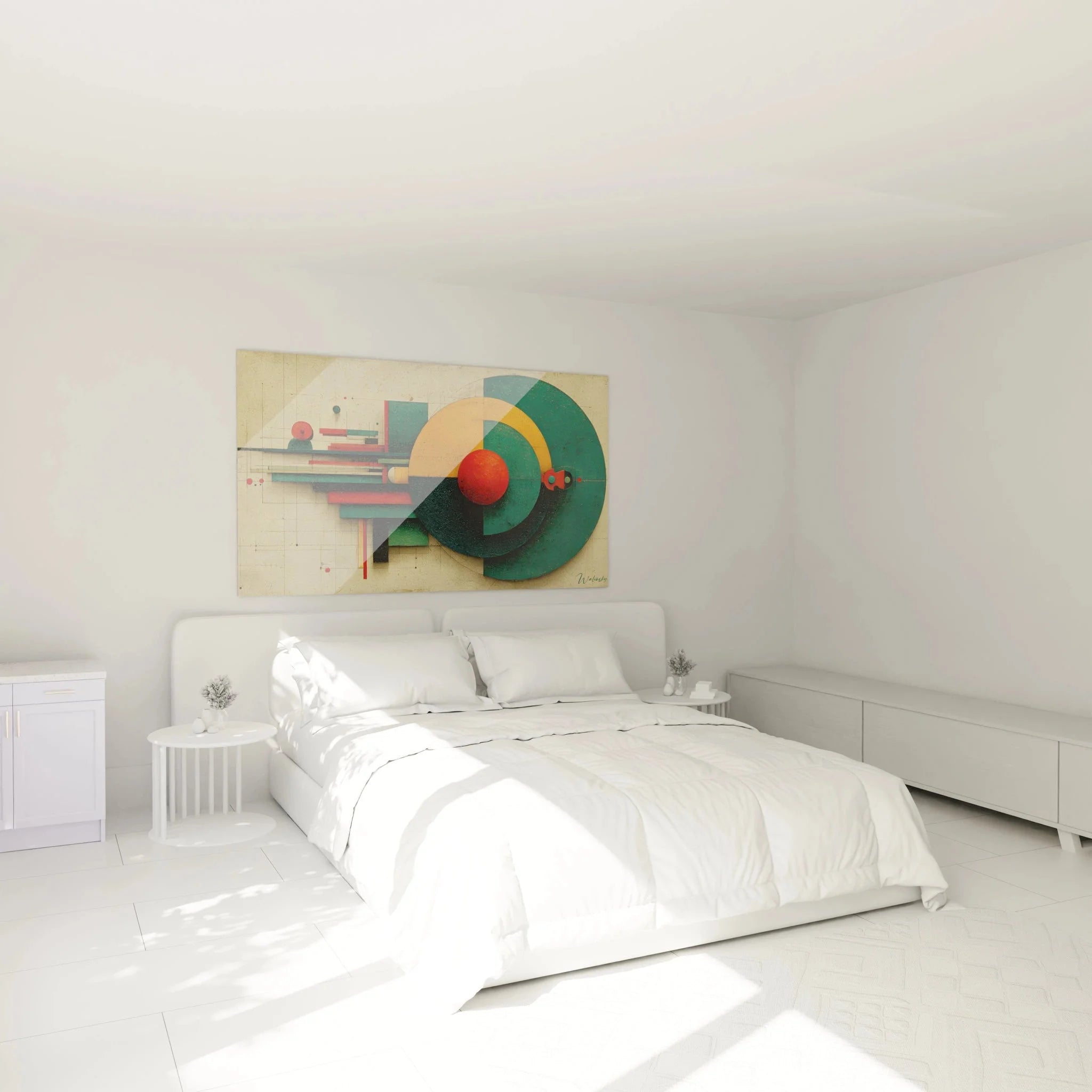 Bauhaus Wandbild geometrische Formen über modernem Bett in zeitgenössischem Schlafzimmer