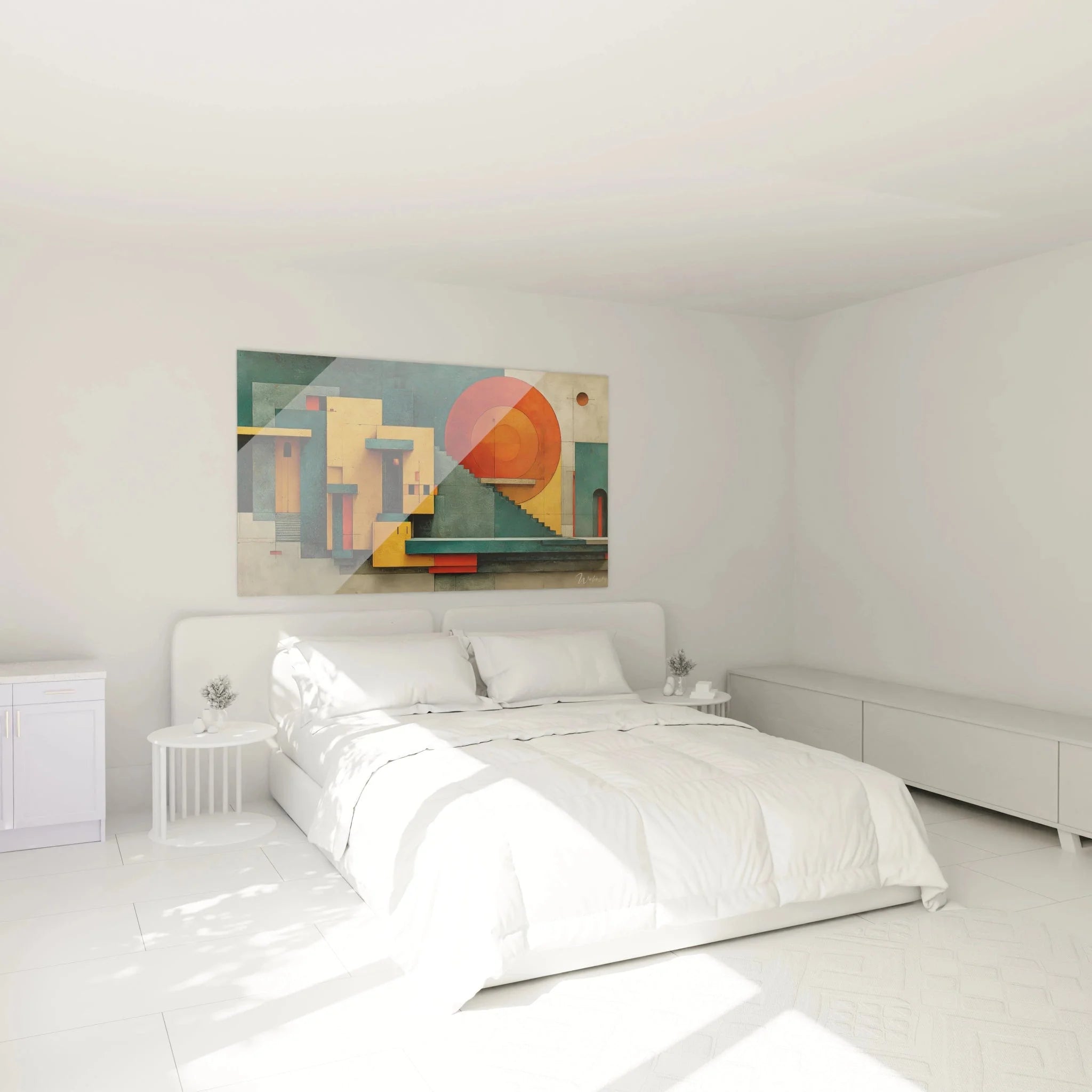 Bauhaus Wandbild abstrakte Architektur in modernem Schlafzimmer Ambiente geometrische Wanddekoration