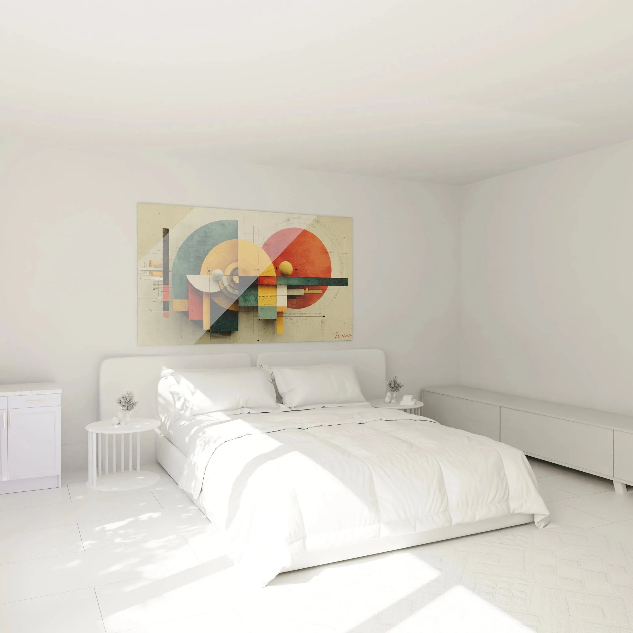 Geometrisches Bauhaus Wandbild im Schlafzimmer mit abstrakten Formen und warmer Farbpalette