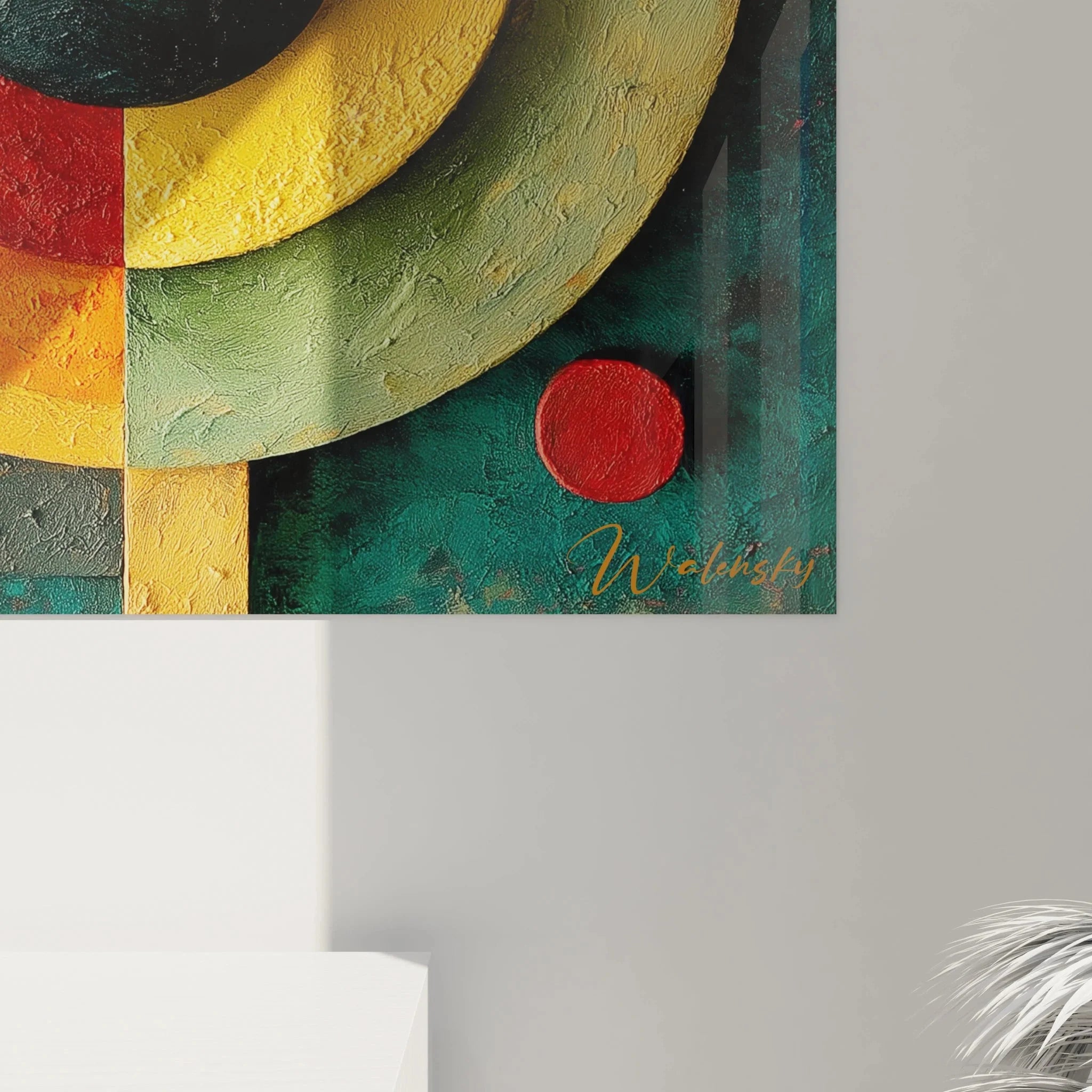 Gesamtansicht abstraktes Wandbild mit kreisförmigen und rechteckigen Elementen, Bauhaus Wanddekoration