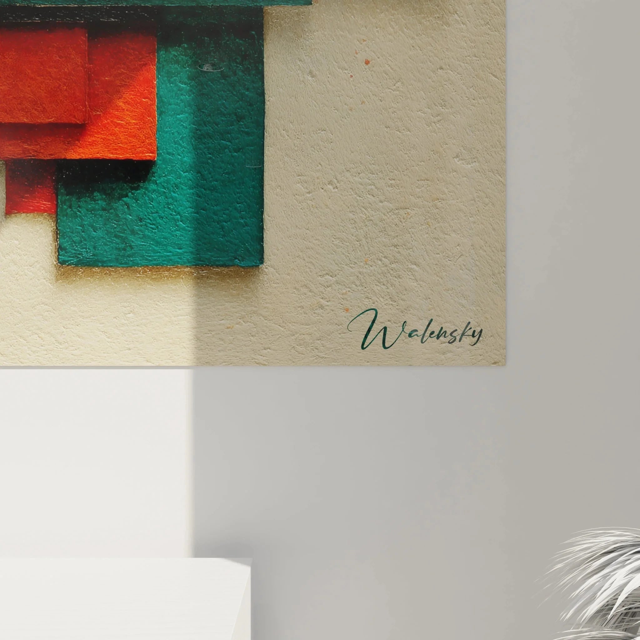 Gesamtansicht moderne Wanddekoration Bauhaus Stil mit geometrischen Elementen und lebendigen Farben