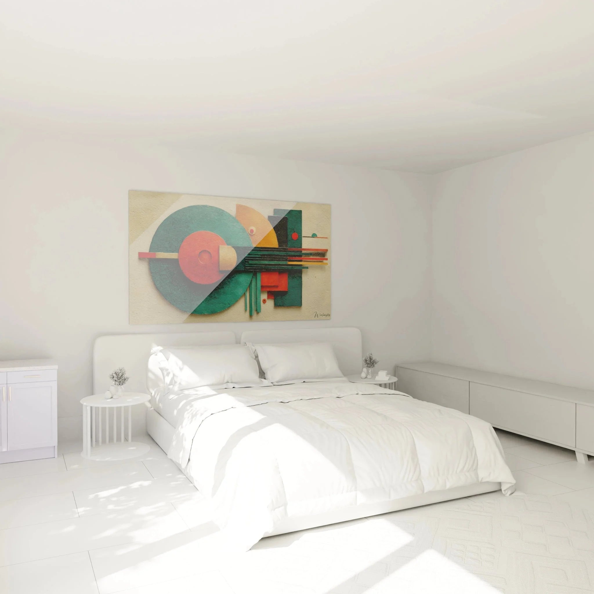 Abstrakte Bauhaus Wandkunst geometrische Formen als Wanddekoration im modernen Schlafzimmer