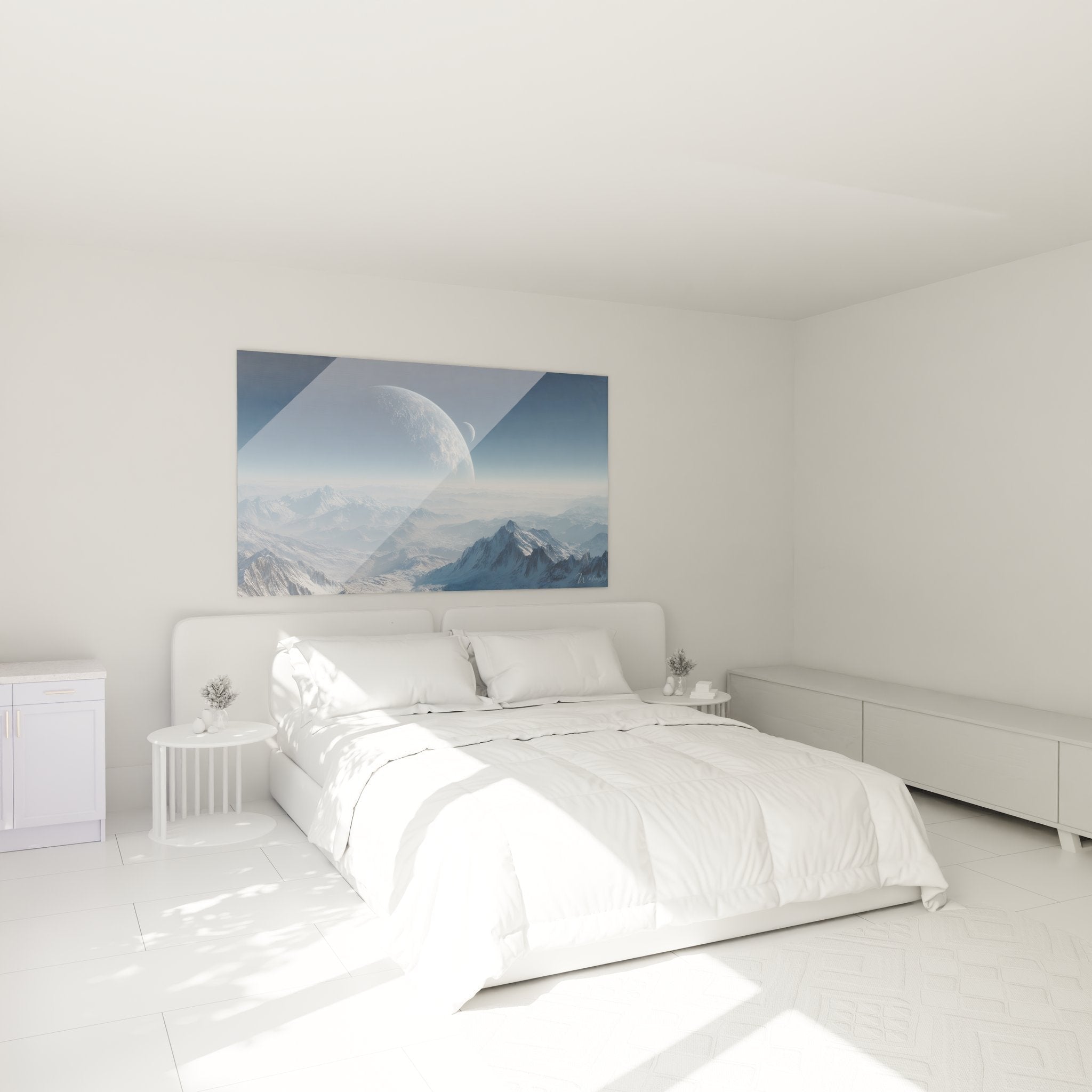 Weltraum Wandbild mit Berglandschaft und Planeten als Schlafzimmer Dekoration in ruhigen Blautönen