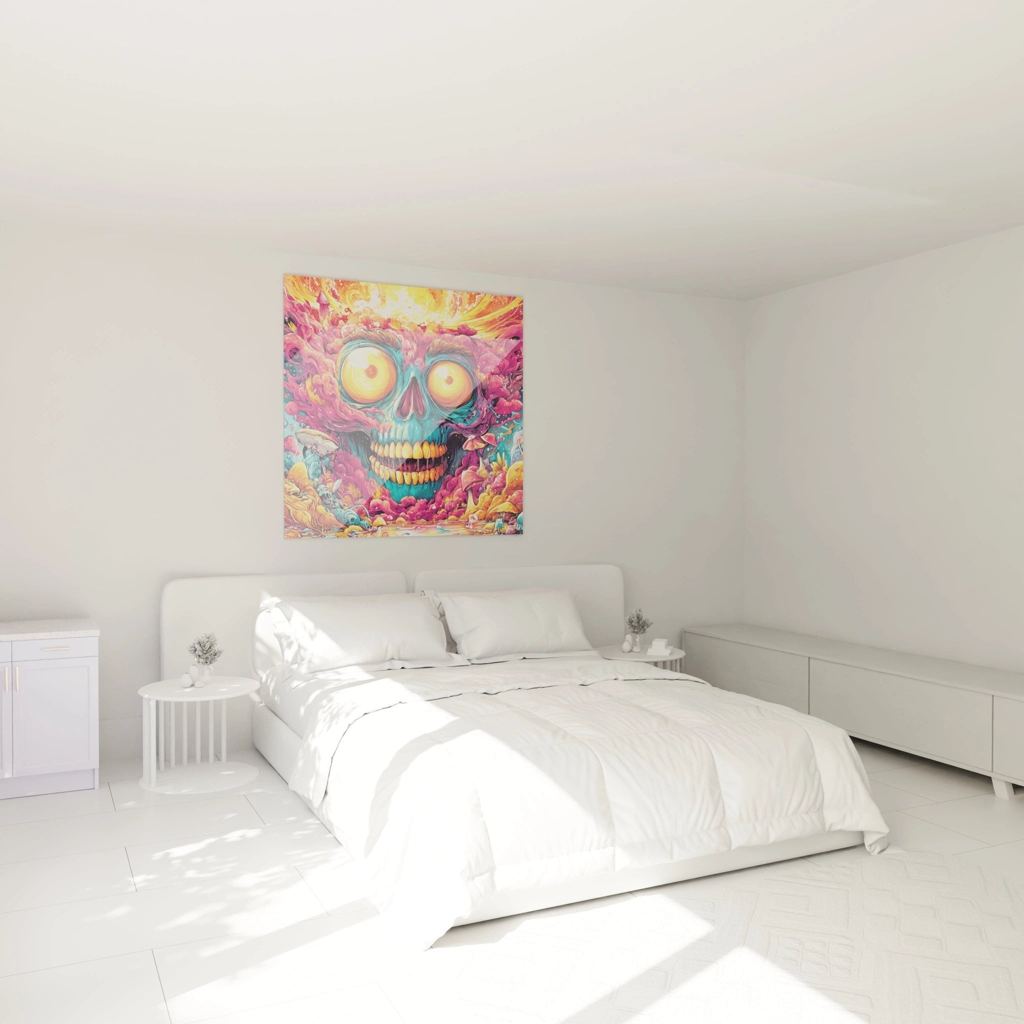Schlafzimmer mit psychedelischem Totenkopf-Wandbild in intensiven Farben als moderner Wandschmuck