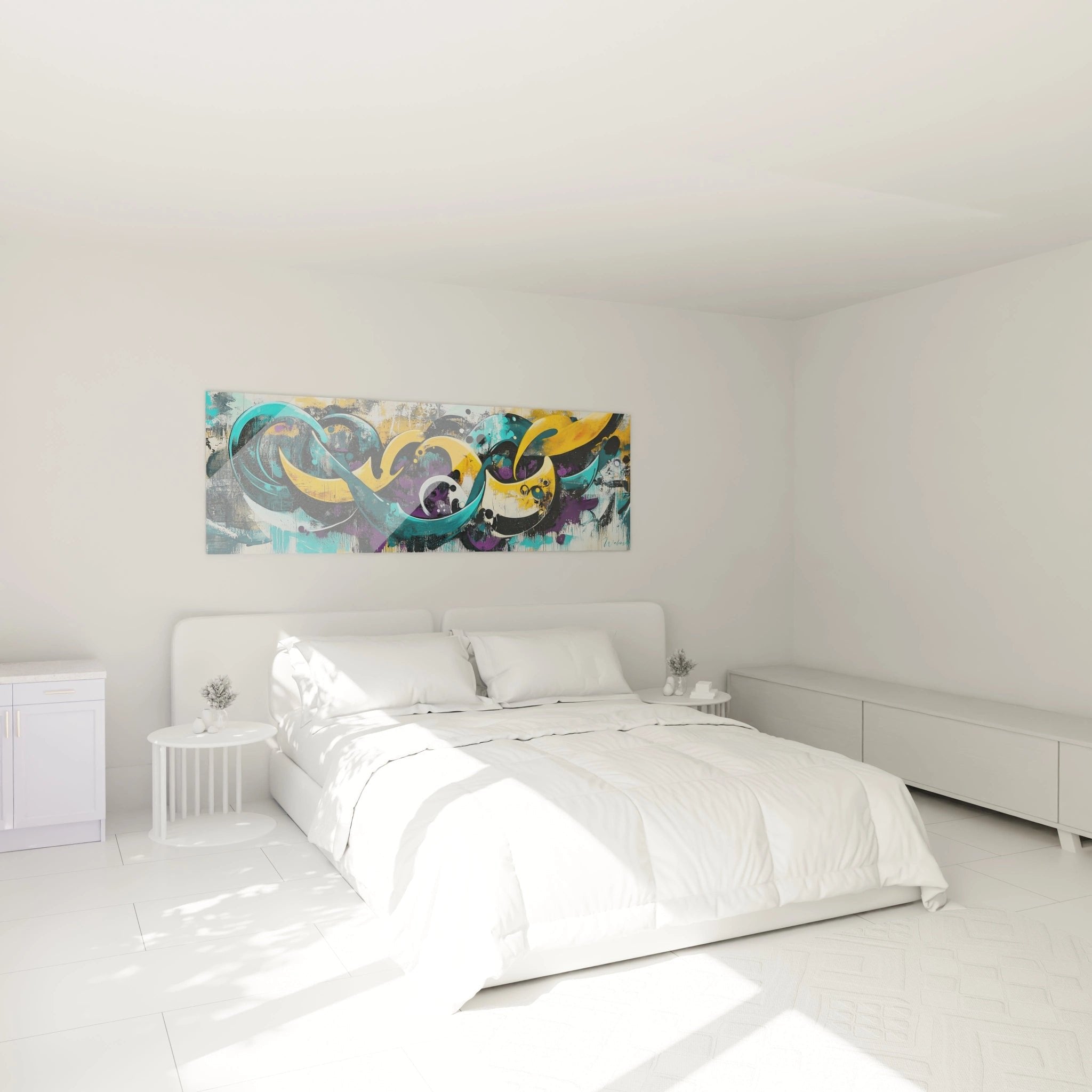 Graffiti Wandbild mit abstrakten Wellen im modernen Schlafzimmer als Wanddekoration