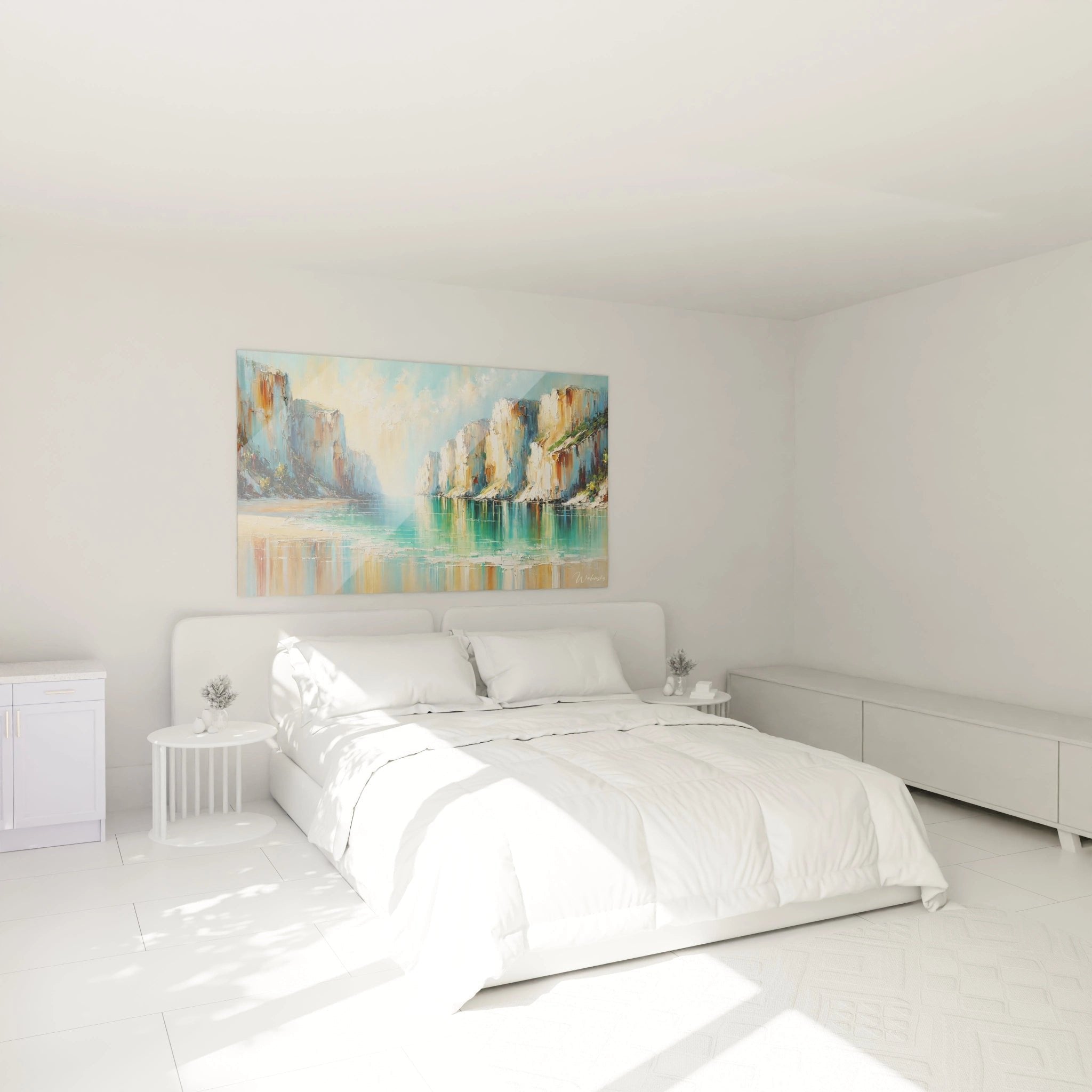 Wandbild Fjord mit türkisem Wasser im Schlafzimmer - beruhigende nordische Küstenlandschaft