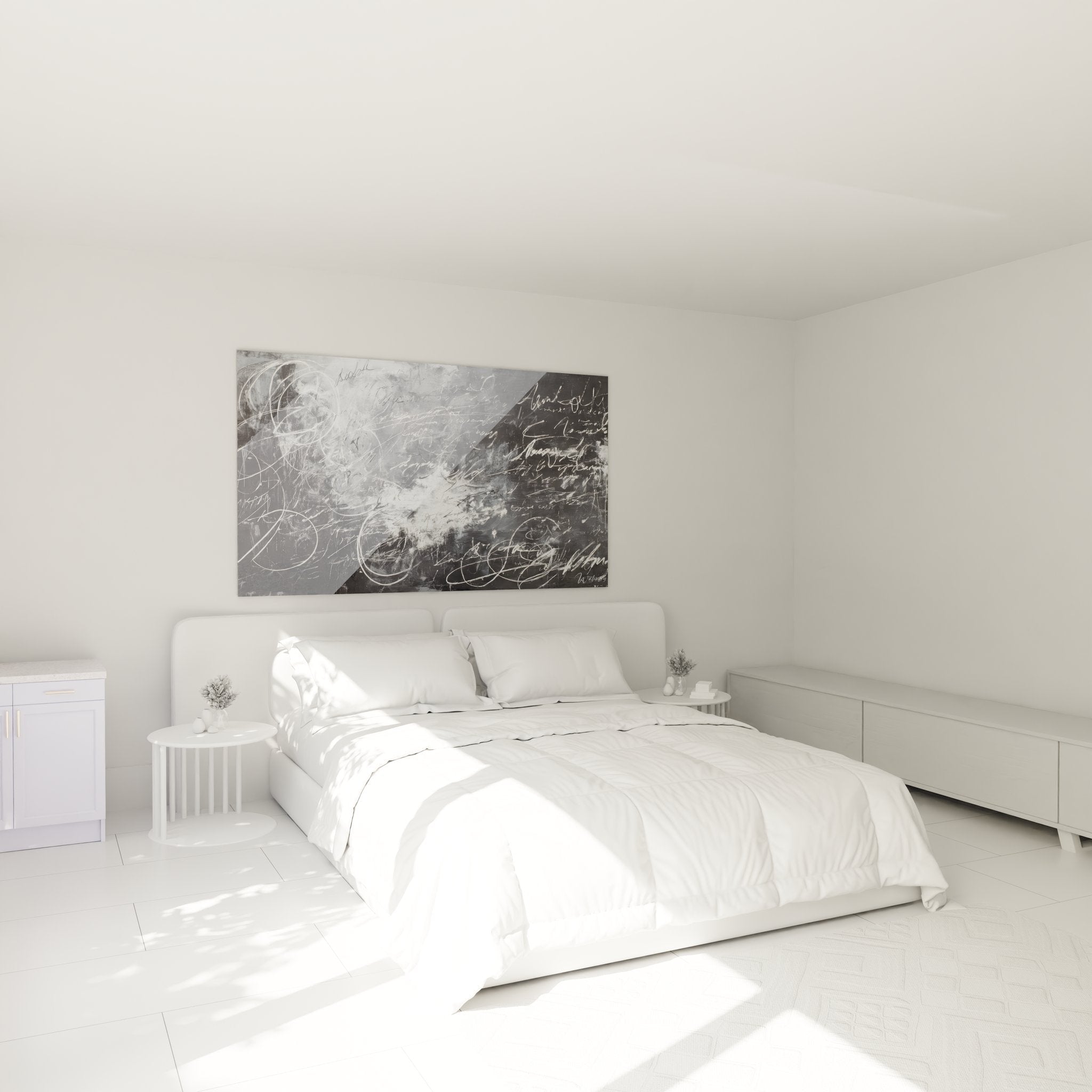 Elegante Schlafzimmer-Dekoration mit abstraker Kalligrafie Wandbild in beruhigenden Grautönen