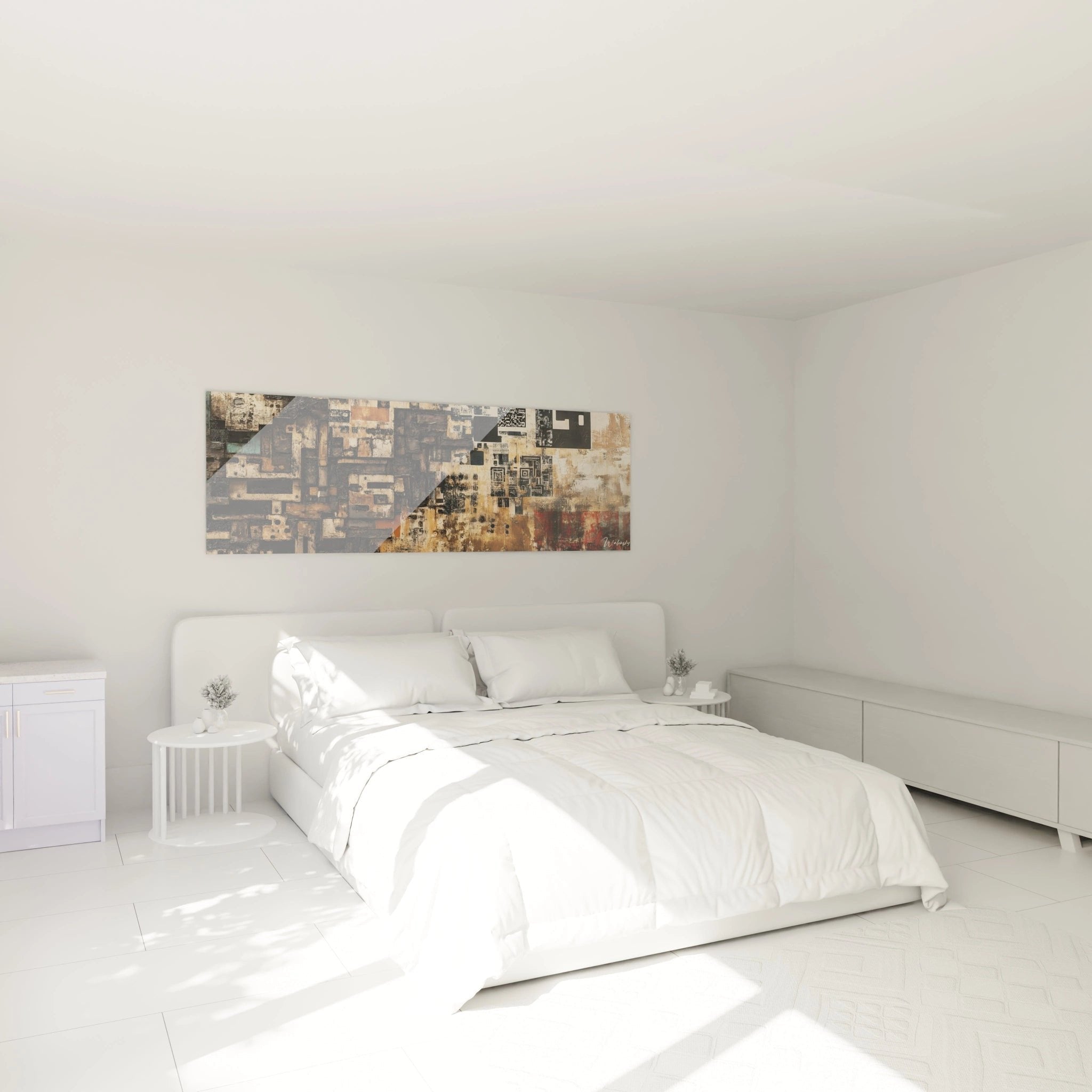 Modernes Schlafzimmer mit abstraktem urbanen Wandbild als stilvoller Blickfang über dem Bett
