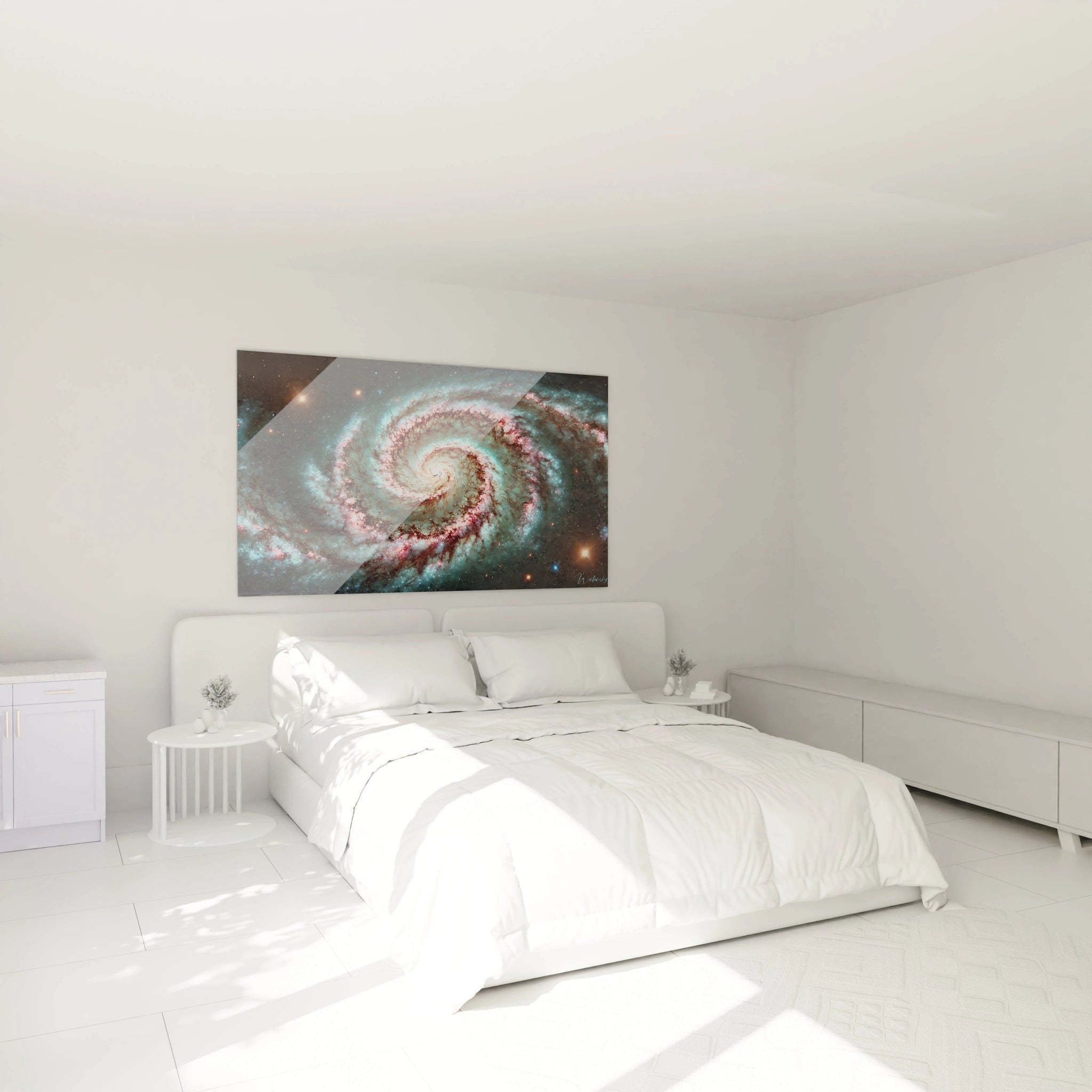 Spiralgalaxie Wandbild in modernem Schlafzimmer-Ambiente mit kosmischer Atmosphäre und eleganter Dekoration