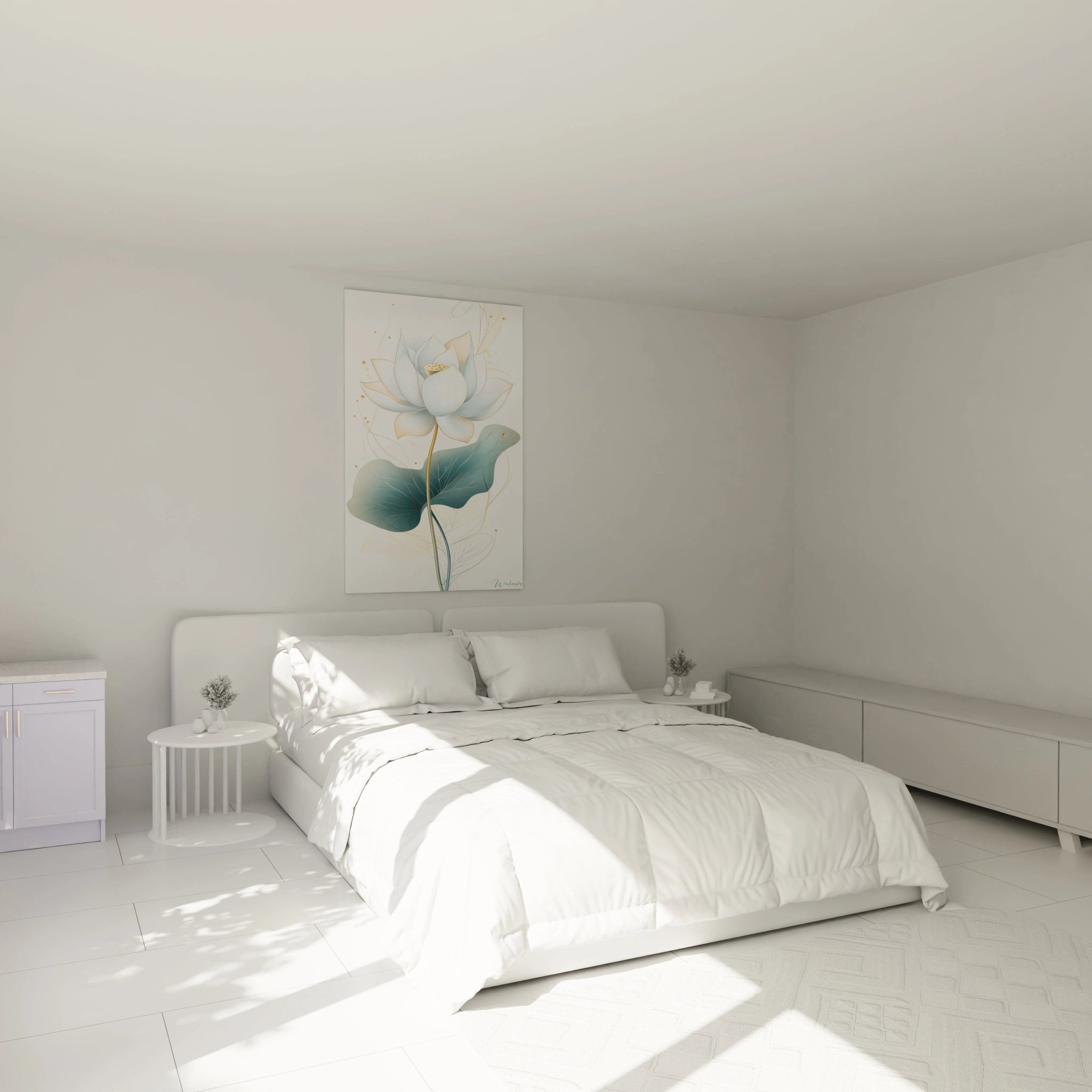 Lotusblumen Wandbild als stilvolle Dekoration im Schlafzimmer mit weißer und goldener Farbgebung