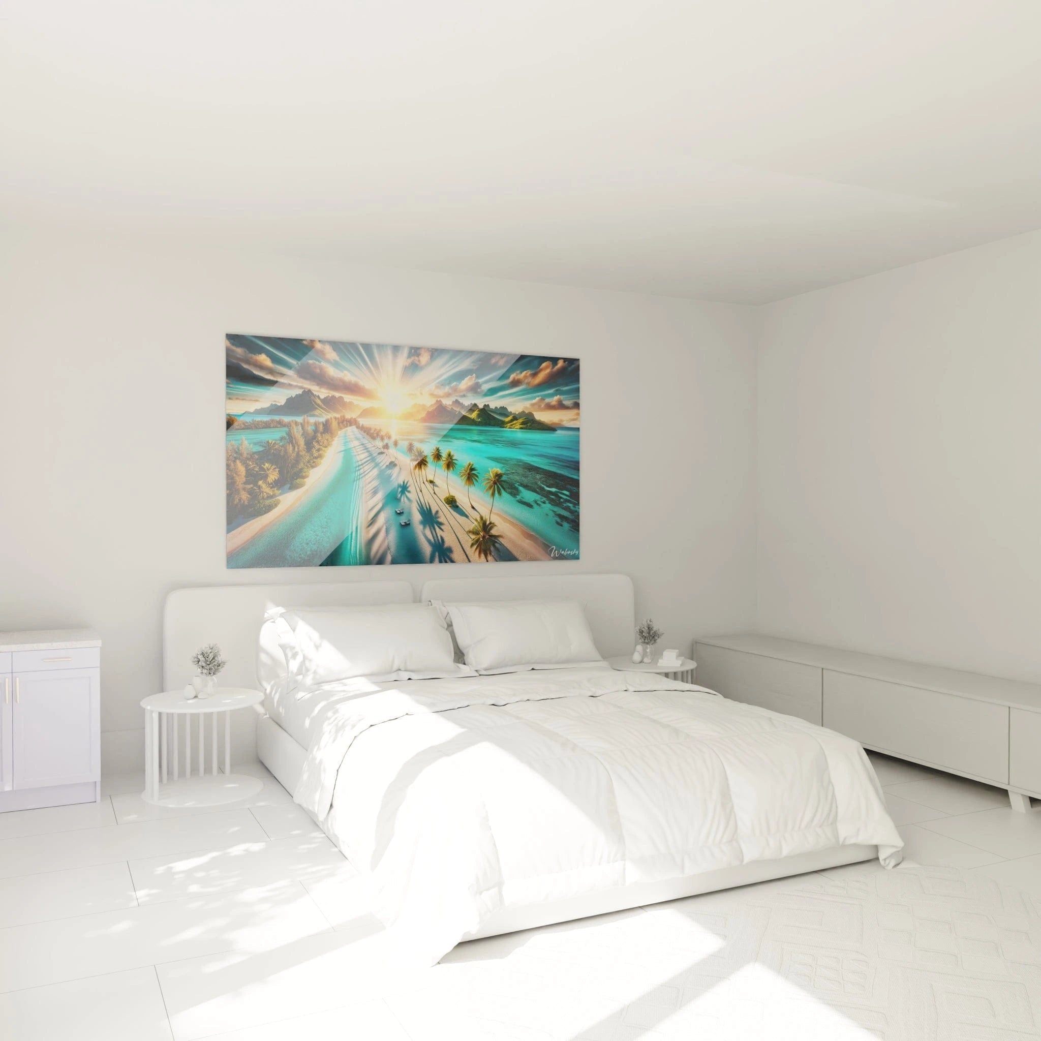 Tropisches Paradies Wandbild im Schlafzimmer mit Sonnenaufgang und Palmen für entspannte Atmosphäre