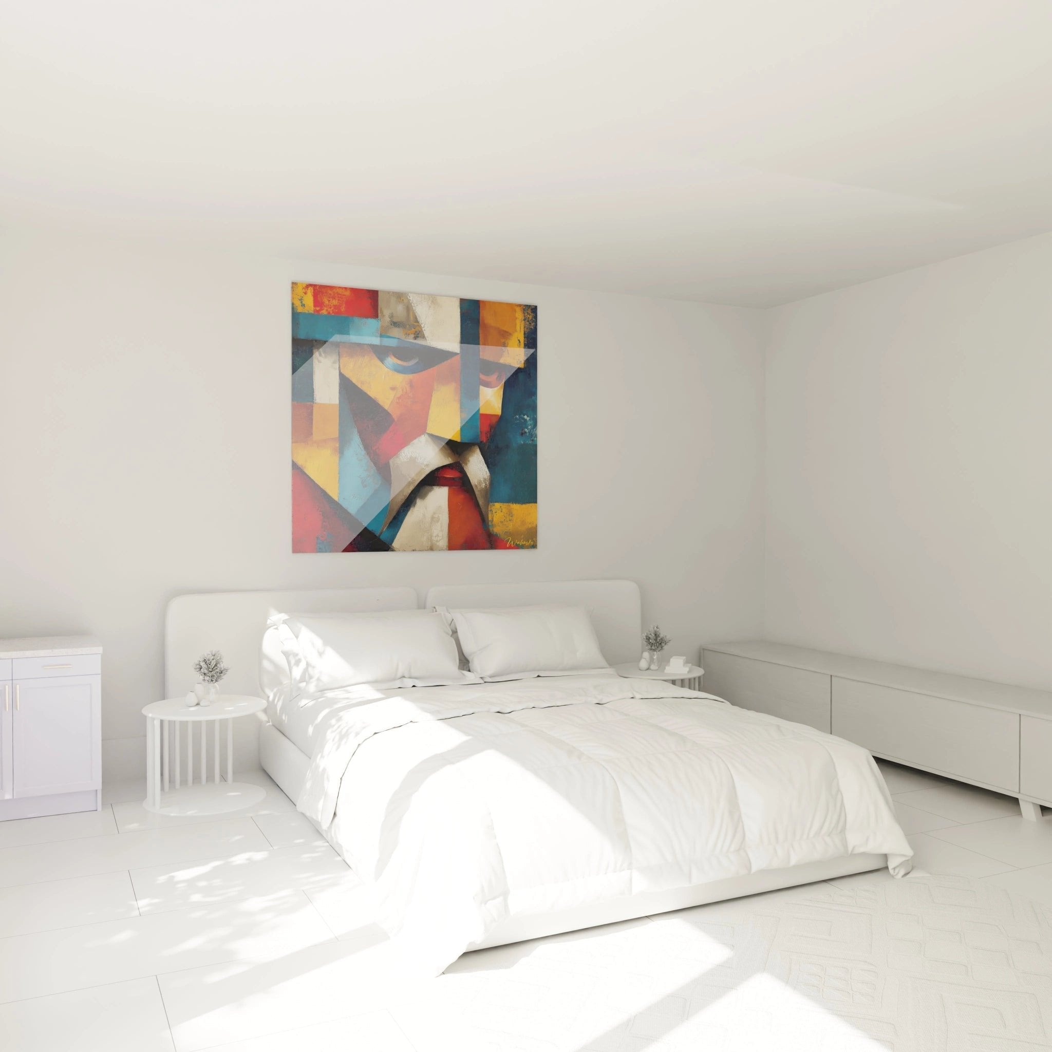Kubistische Kunst im Schlafzimmer - geometrisches Wandbild mit warmen und kühlen Farbtönen