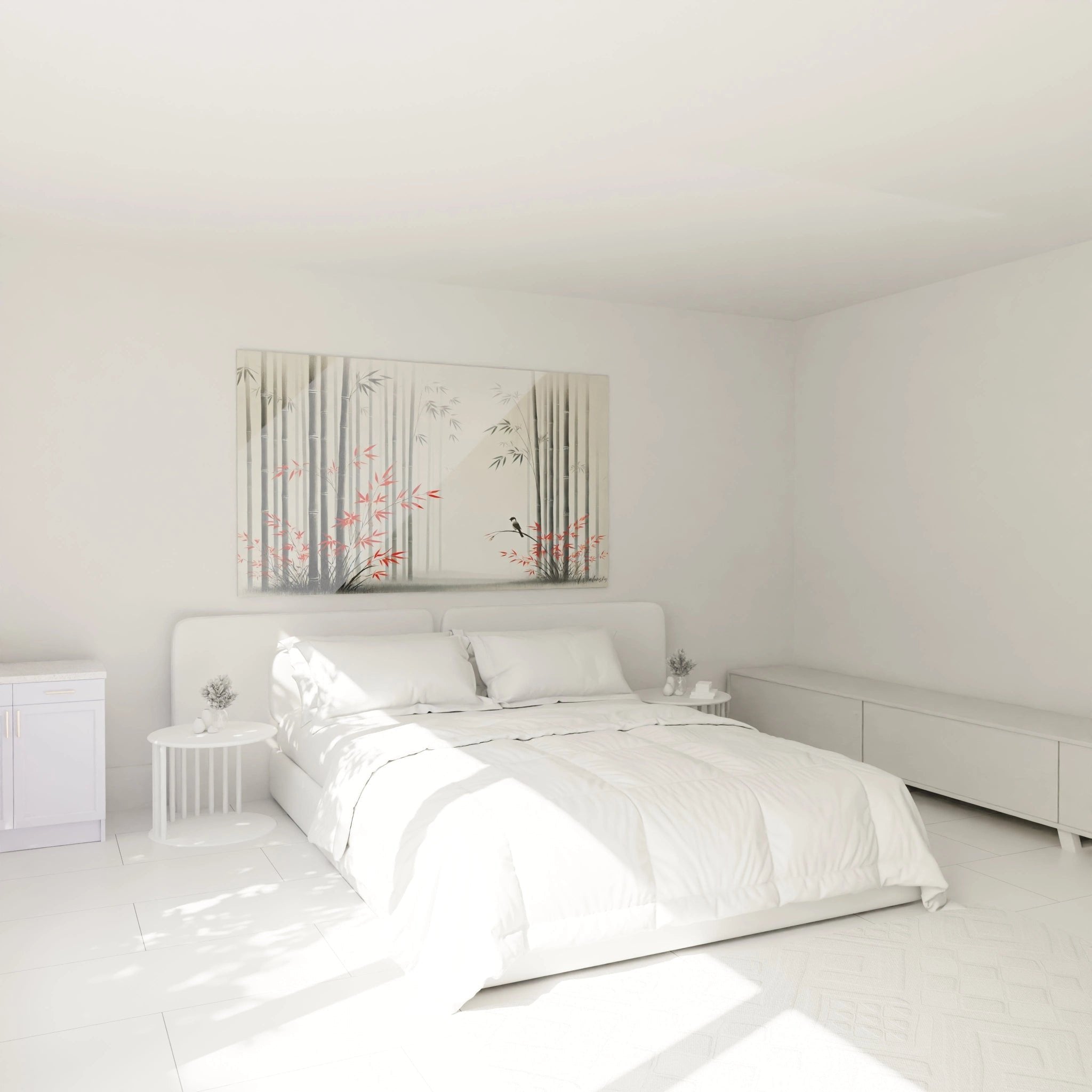 Bambuswald Wandbild im Schlafzimmer mit rotem Herbstlaub fuer entspannende Zen-Atmosphaere