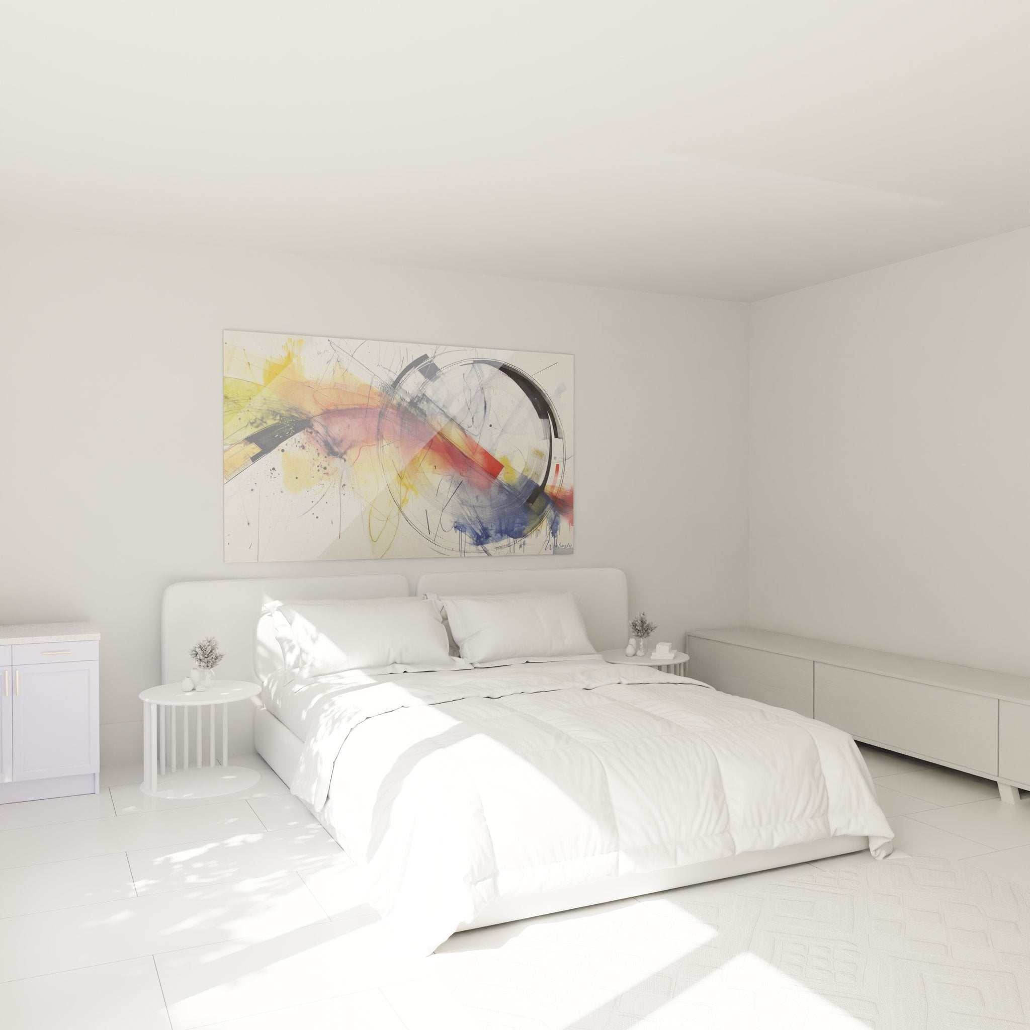 Modernes Wandbild mit abstrakter Kreiskomposition über dem Bett im zeitgenössischen Schlafzimmer