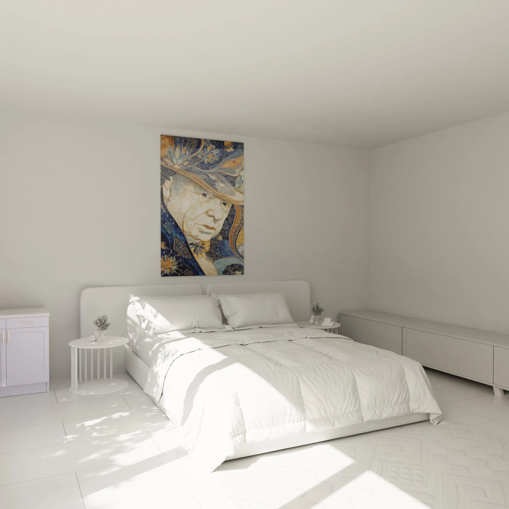 Ornamentales Blau-Gold Porträt als elegante Wanddekoration im modernen Schlafzimmer