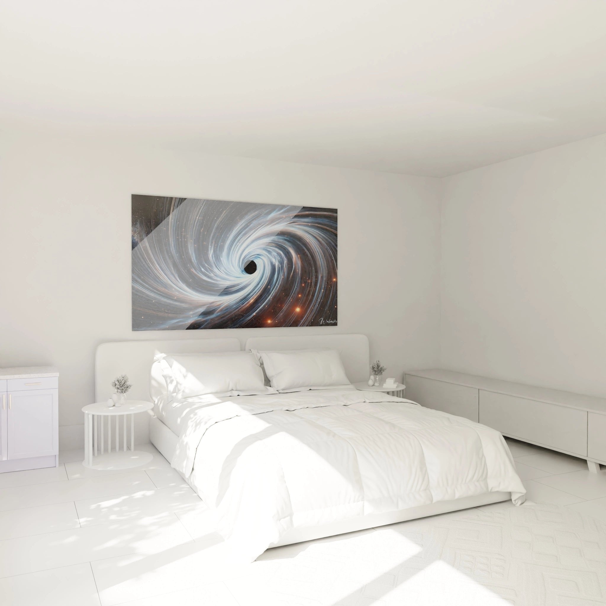 Kosmisches Wandbild mit schwarzem Loch über modernem Bett im Schlafzimmer, bläuliche Spirallichteffekte