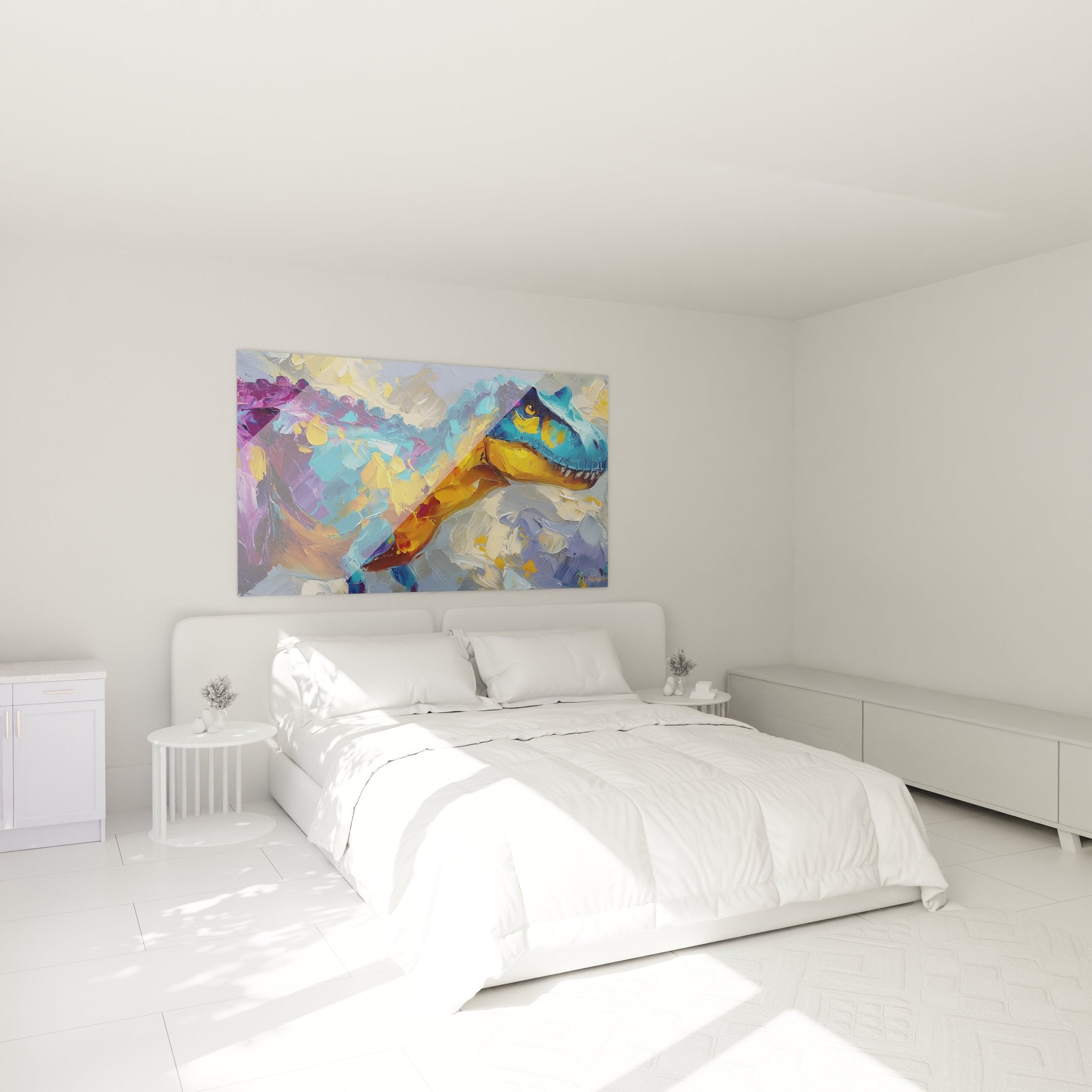 T-Rex Wandbild im Schlafzimmer - Dinosaurier Kunstwerk als stilvoller Wandschmuck in Wohnräumen