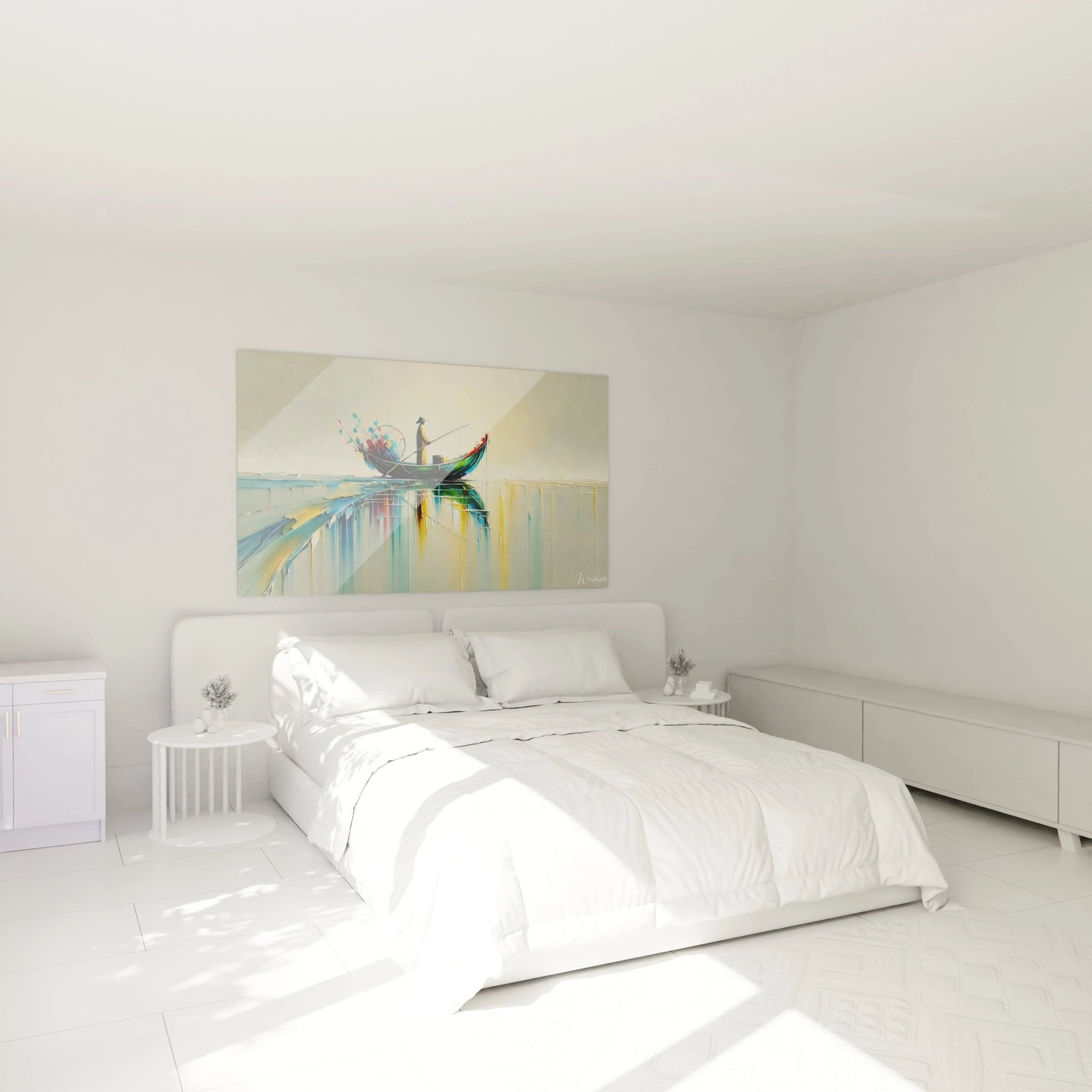 Maritimes Wandbild Fischer Boot im Schlafzimmer Ambiente mit entspannender Wasserspiegelung